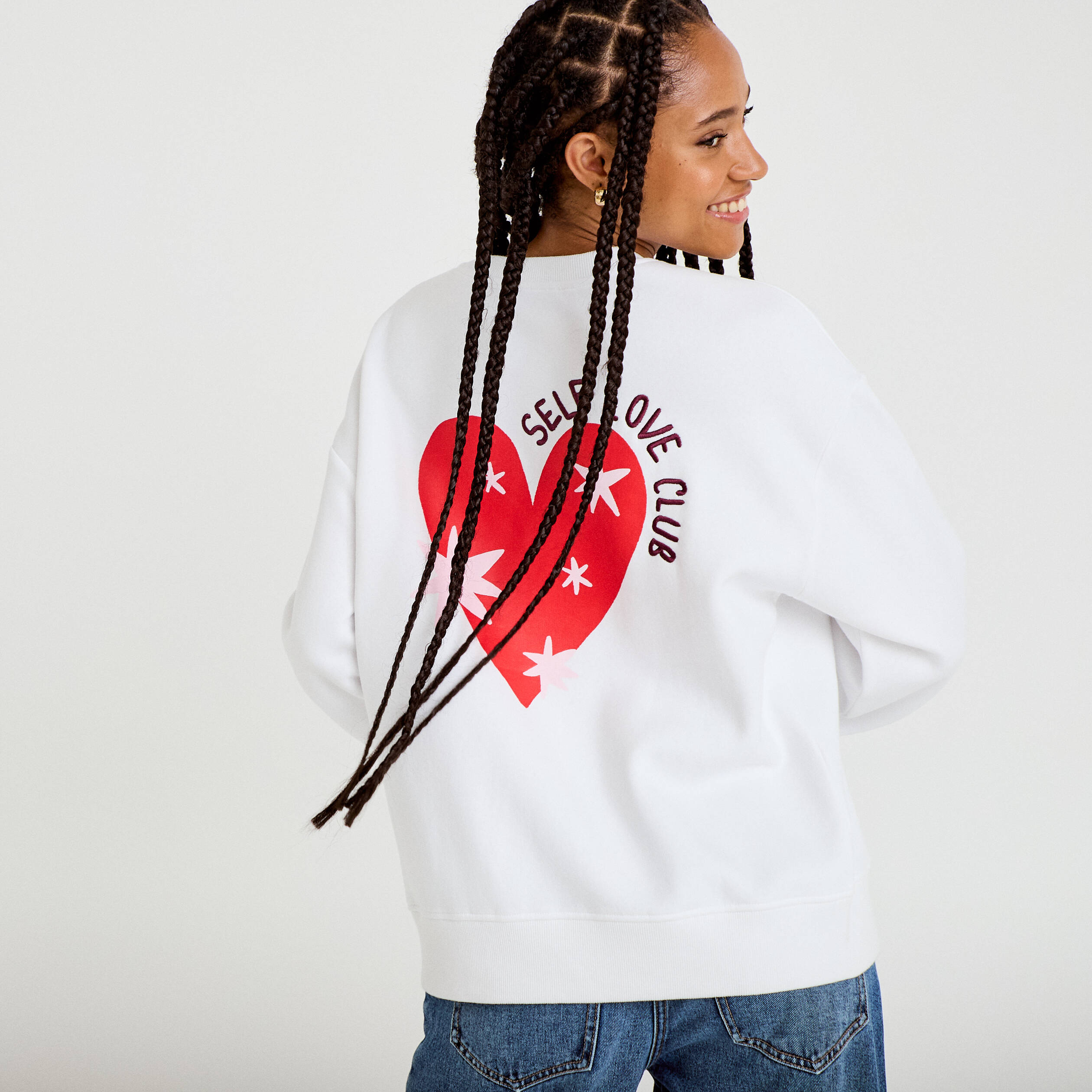 Sweat oversize col rond manches longues blanc femme
