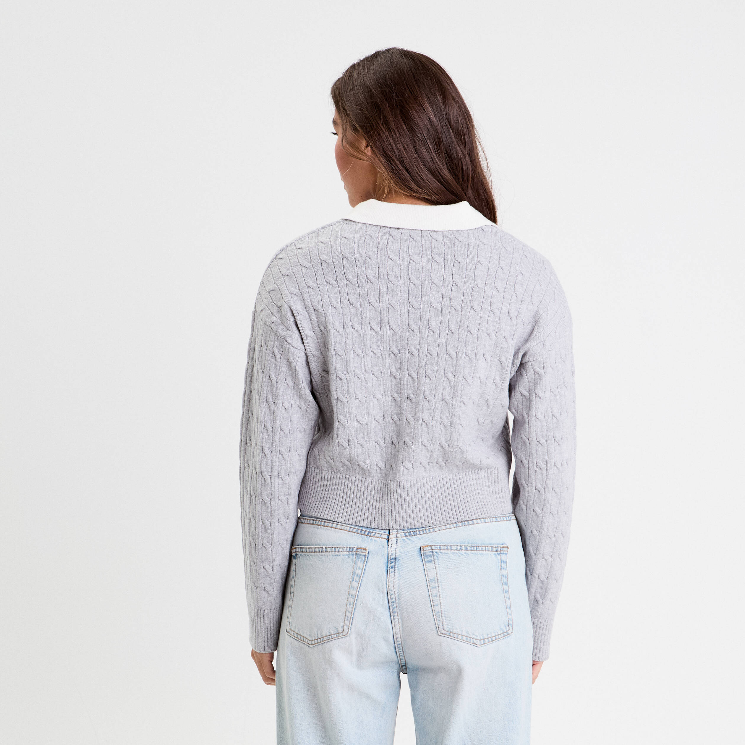 Pull manches longues col polo gris clair femme