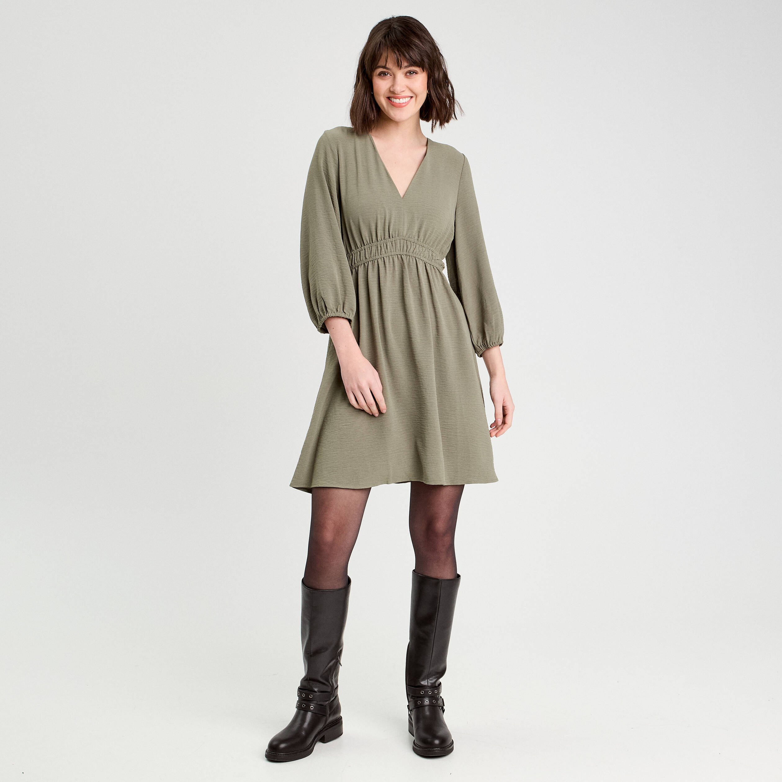 robe evasee manches 34 vert kaki femme Robe évasée manches 3/4 vert kaki femme
