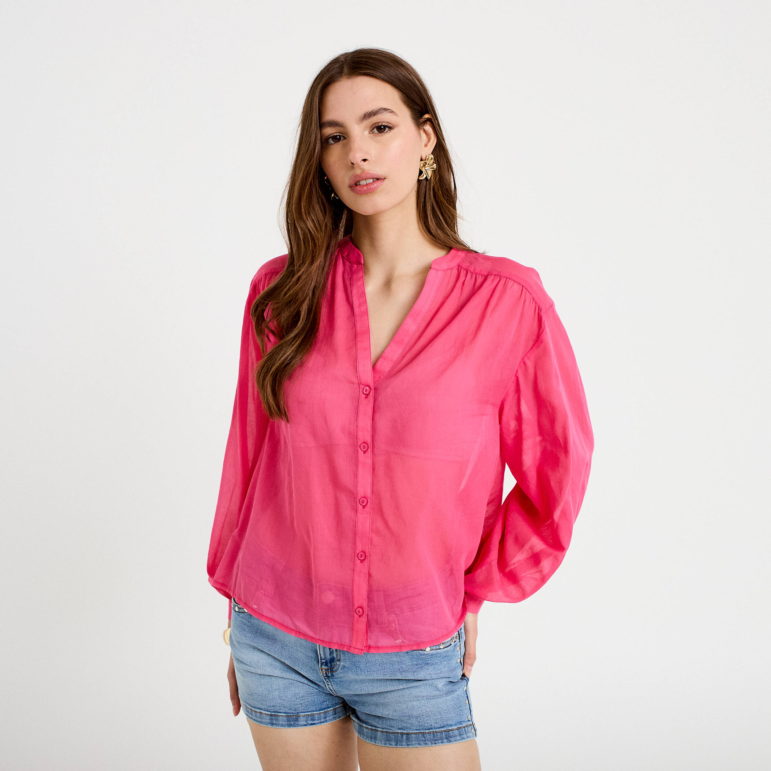 Blouse oversize manches longues rose fushia femme
