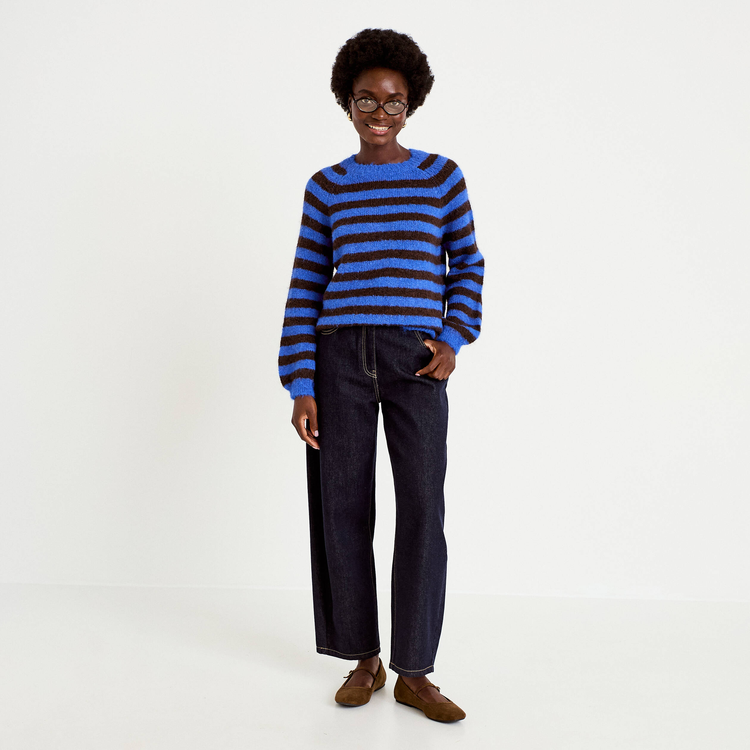 Pull ample col rond manches longues bleu electrique femme