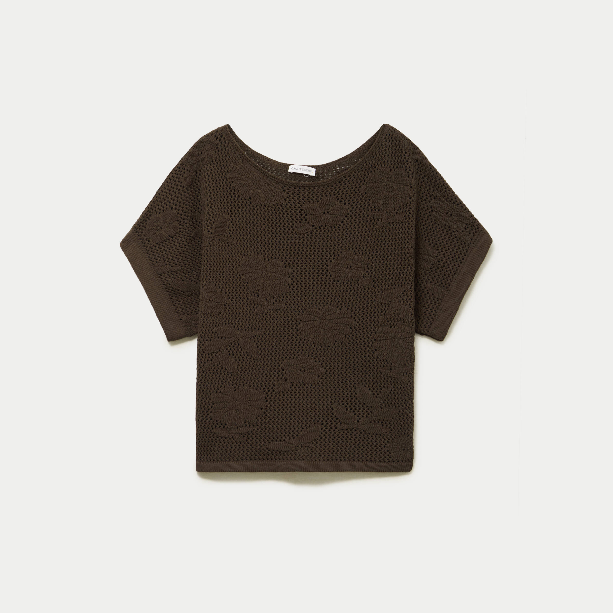 Pull ajour&eacute; col bateau manches courtes marron fonc&eacute; femme