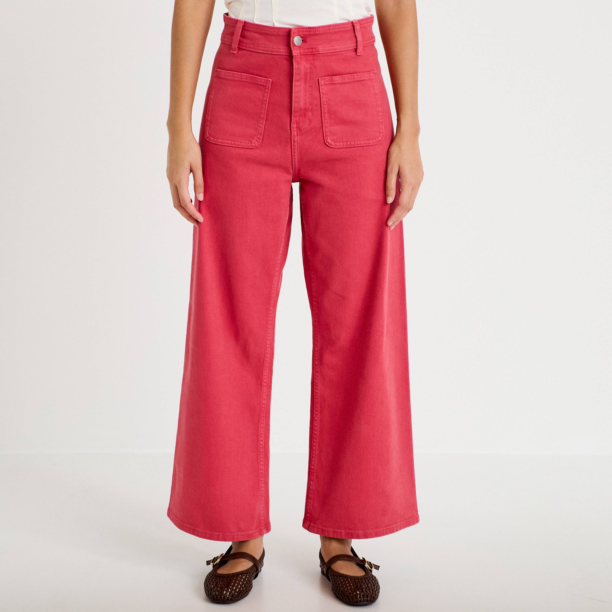 Jean bootcut cropped taille haute rose framboise femme