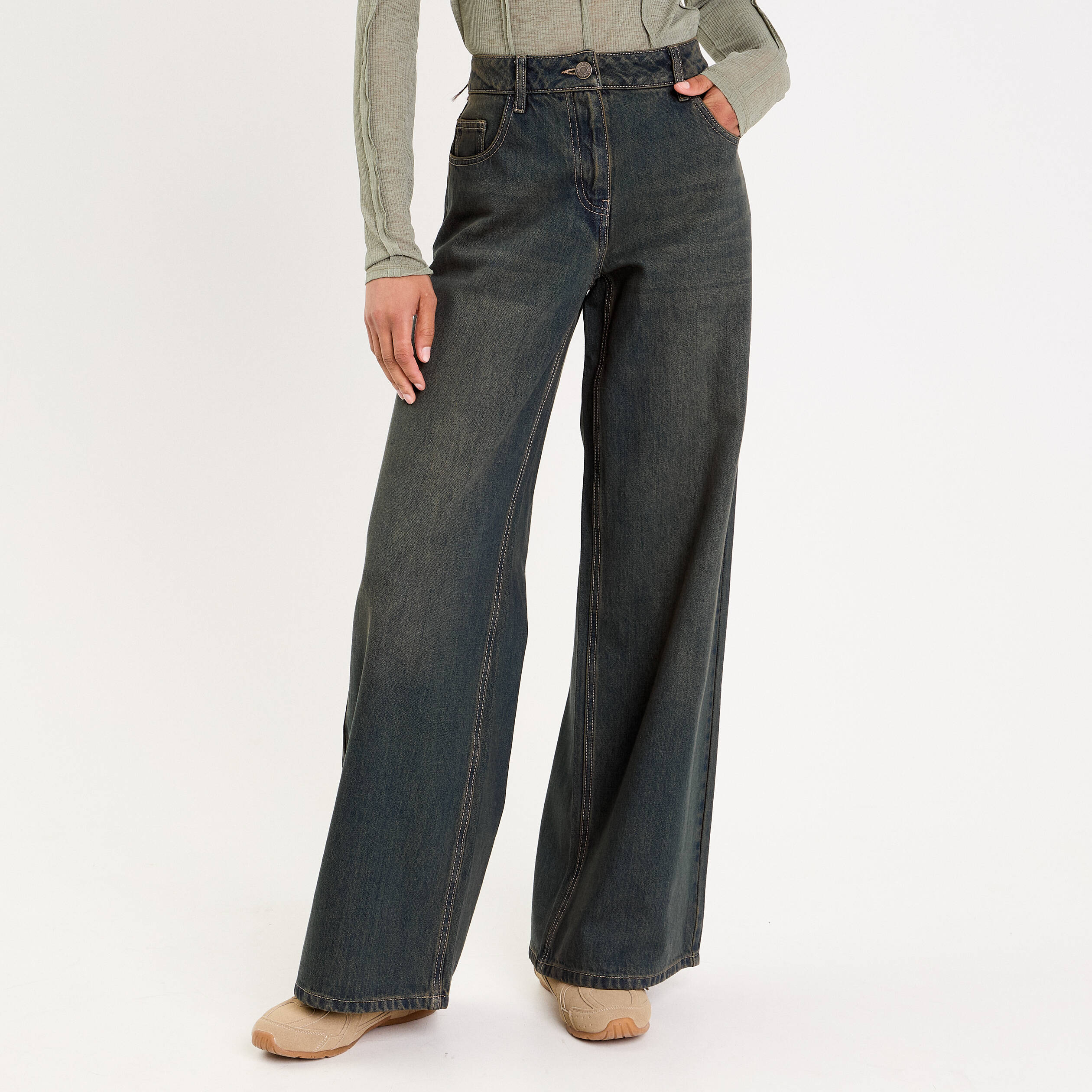 Jean wide leg taille standard bleu gris femme