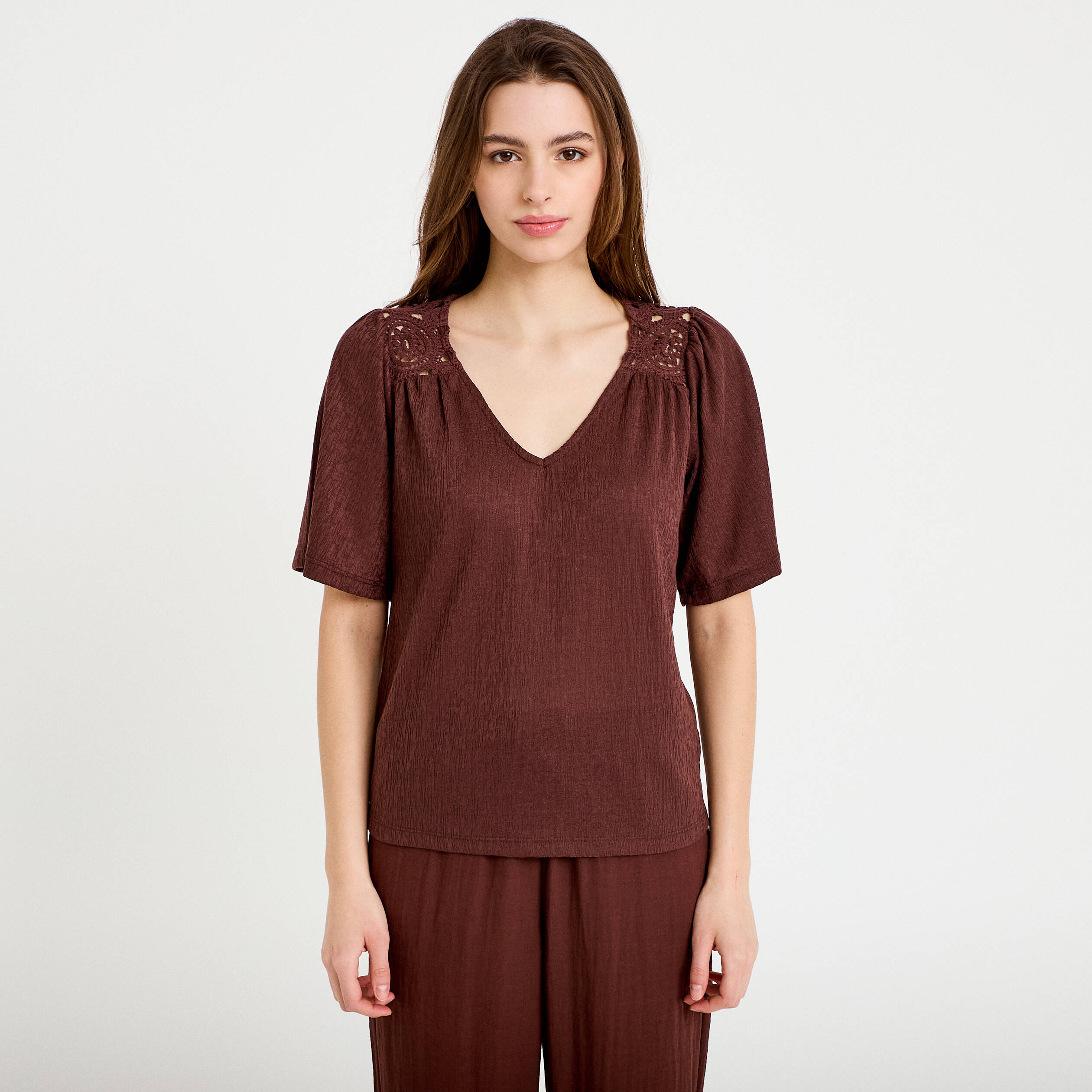 T-shirt manches courtes marron femme