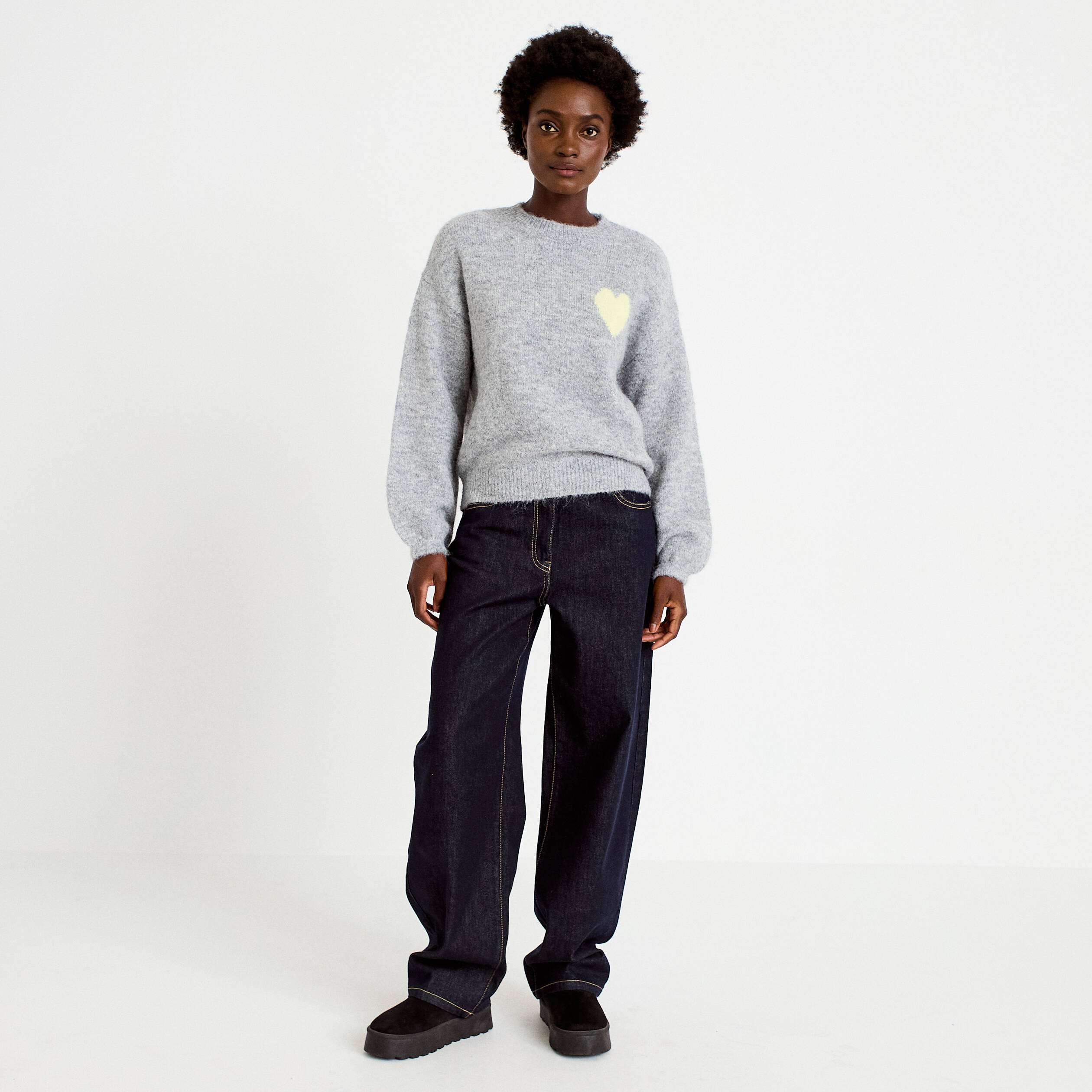 Pull oversize col rond manches longues gris clair femme