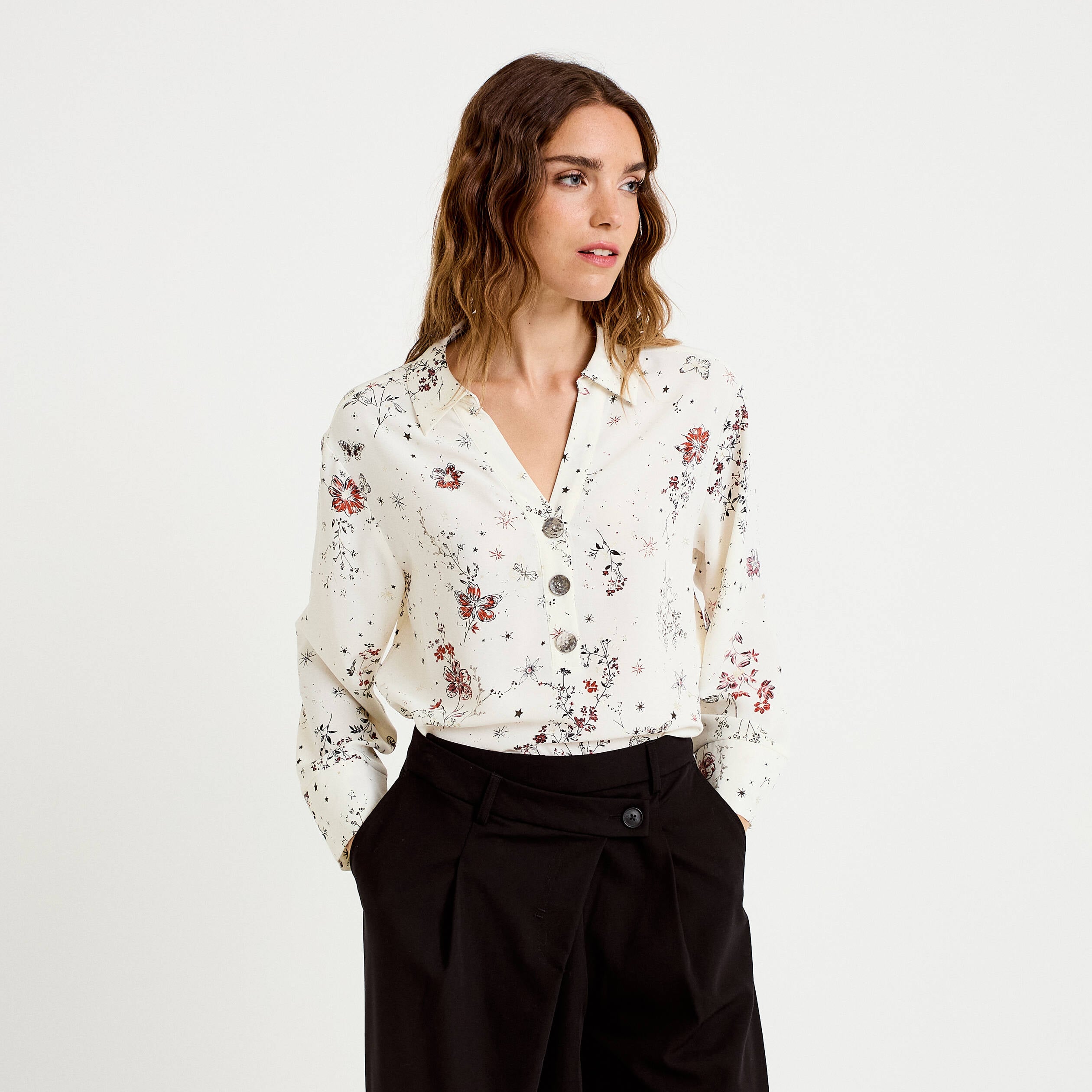 Blouse col chemise manches longues blanc femme