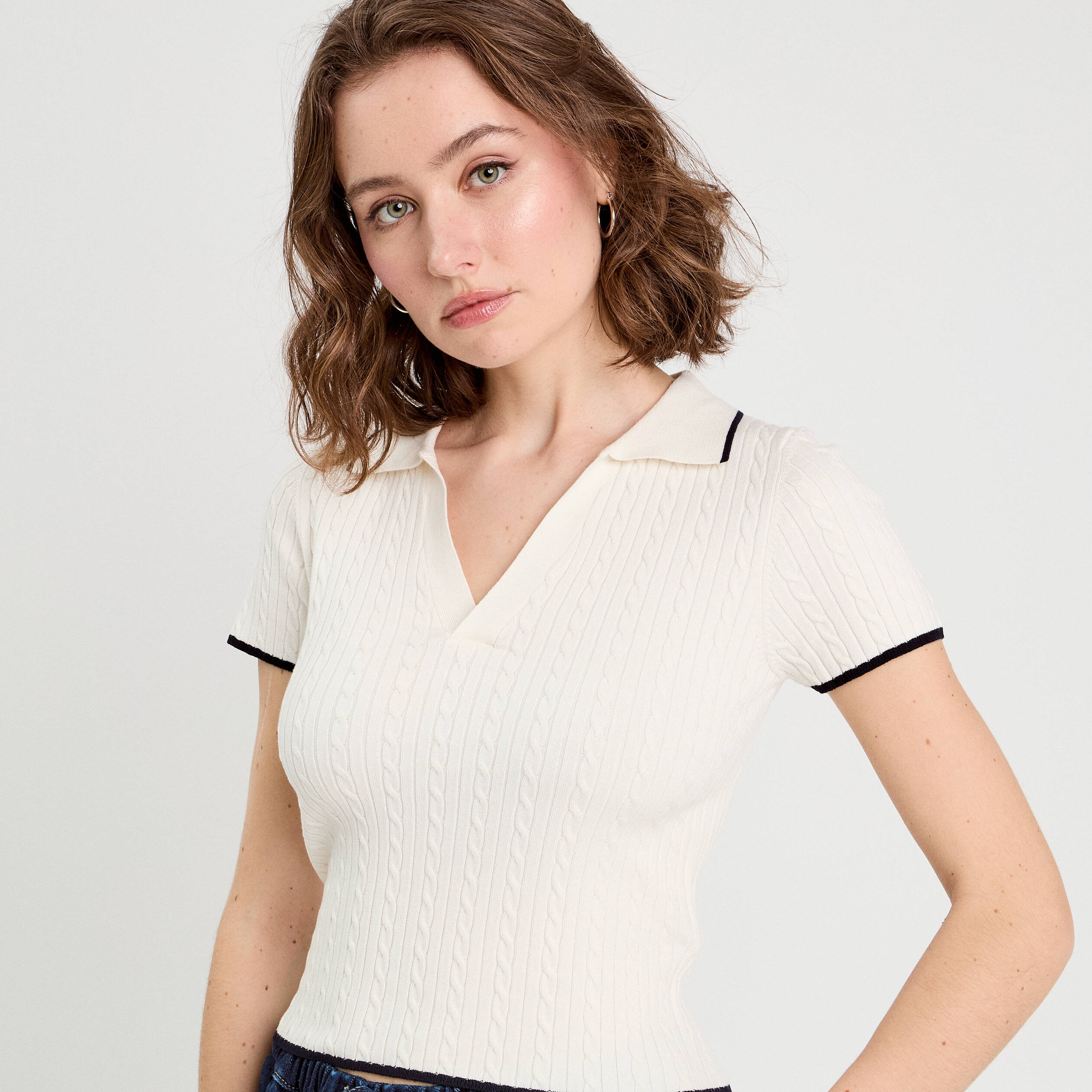 Top col polo manches courtes blanc femme