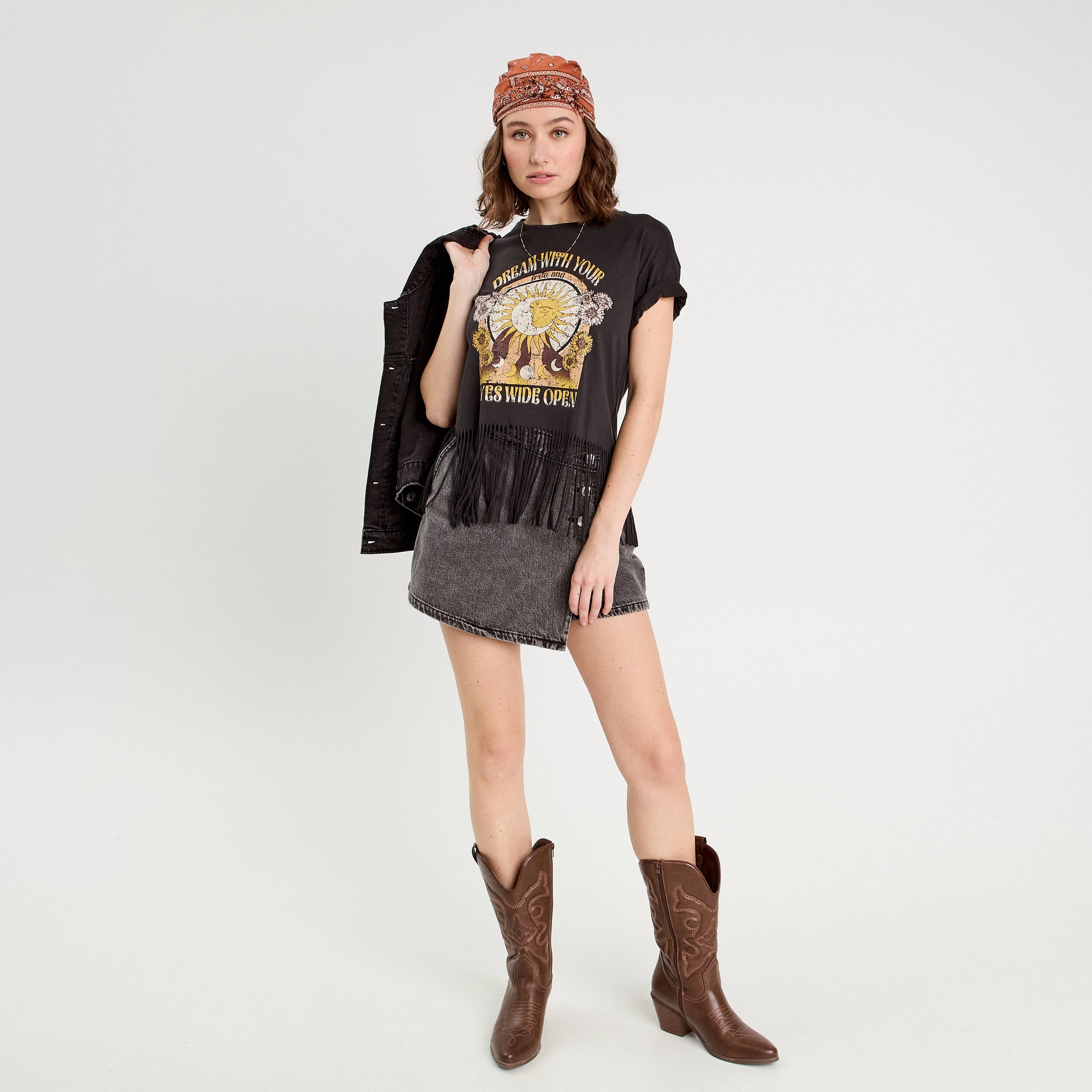 T-shirt avec franges noir femme