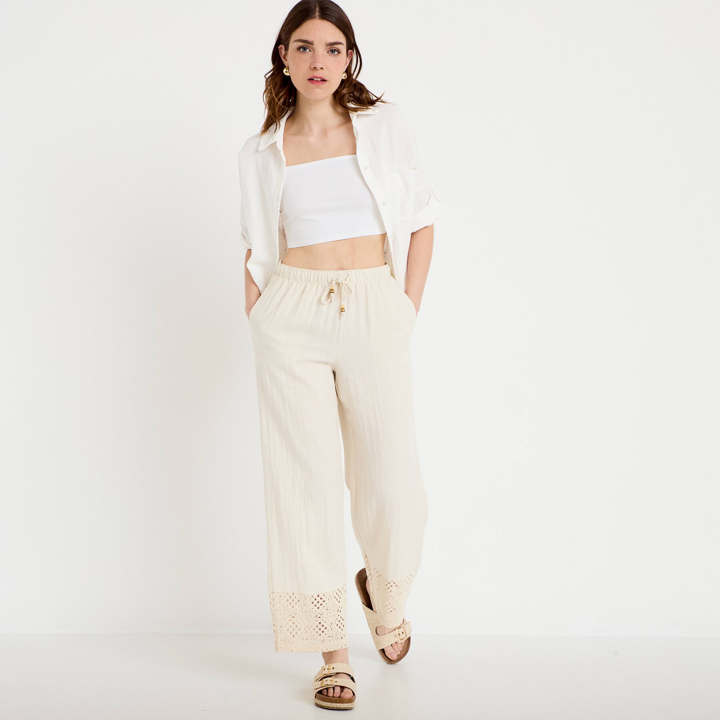 Pantalon large bi-mati&egrave;re pliss&eacute; ecru femme