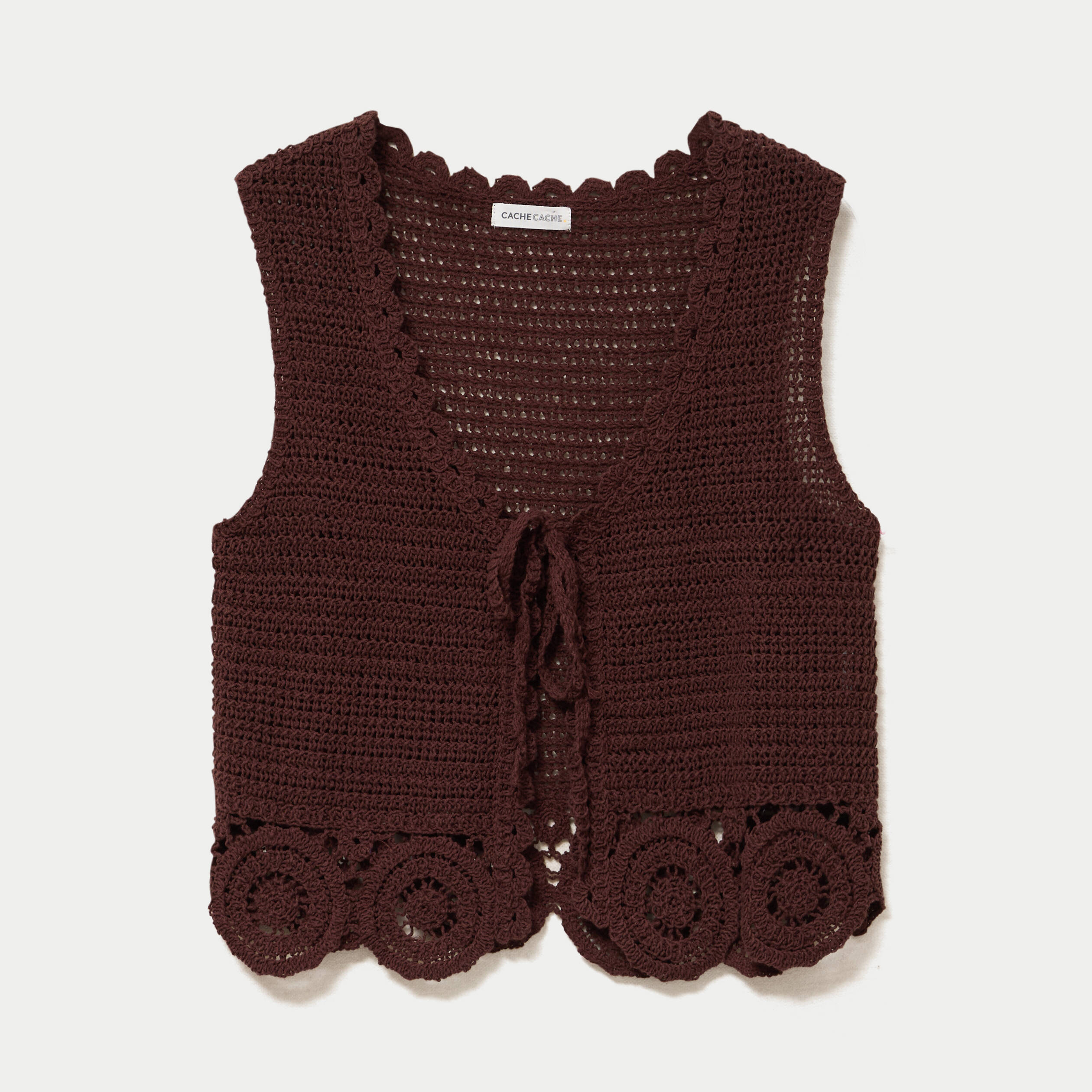 Gilet ajust&eacute; court sans manches col v marron fonc&eacute; femme