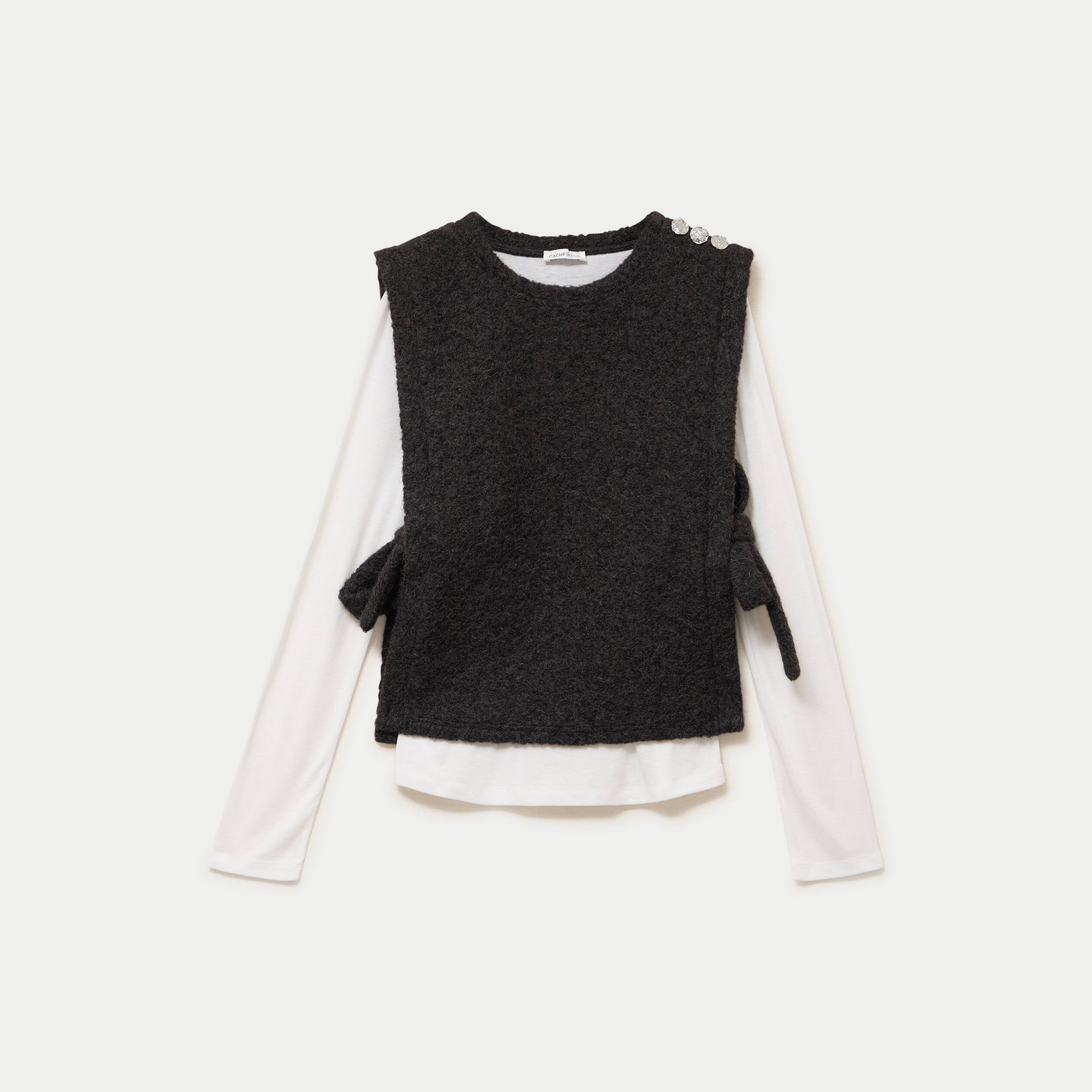 T-shirt 2-en-1 col rond manches longues gris fonc&eacute; femme
