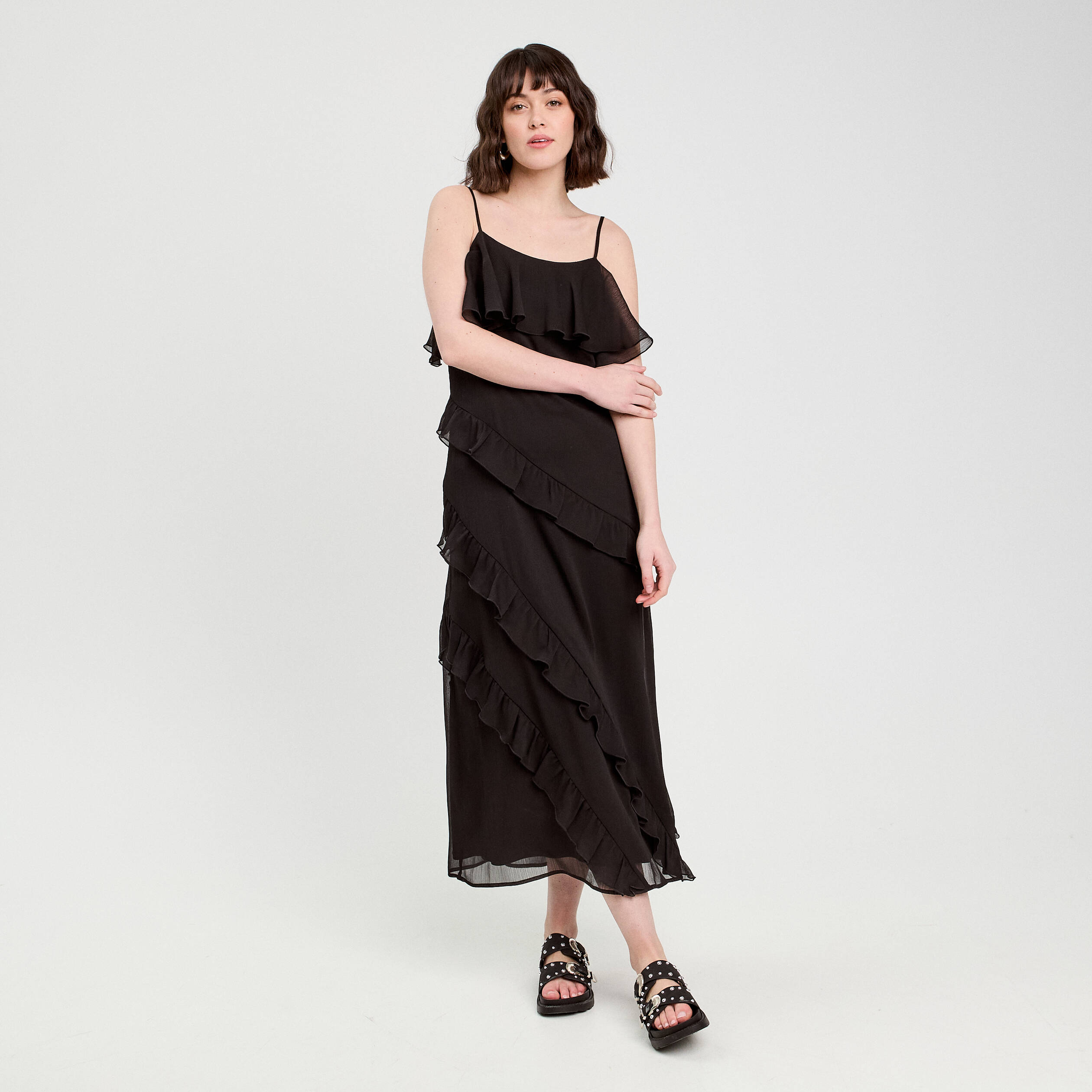 robe longue droite volants noir femme Robe longue droite volants noir femme