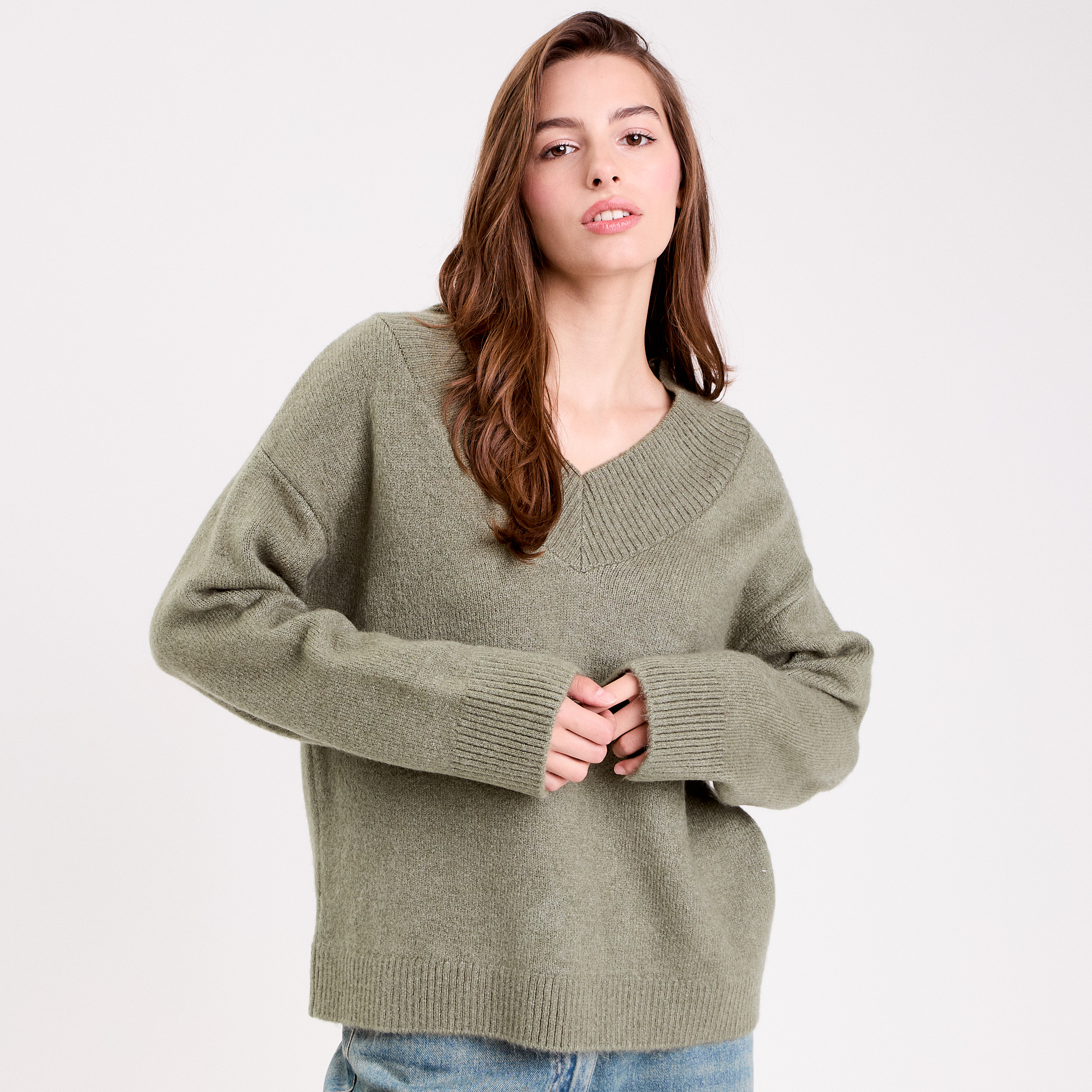 Pull oversize col v manches longues vert kaki femme Vibs
