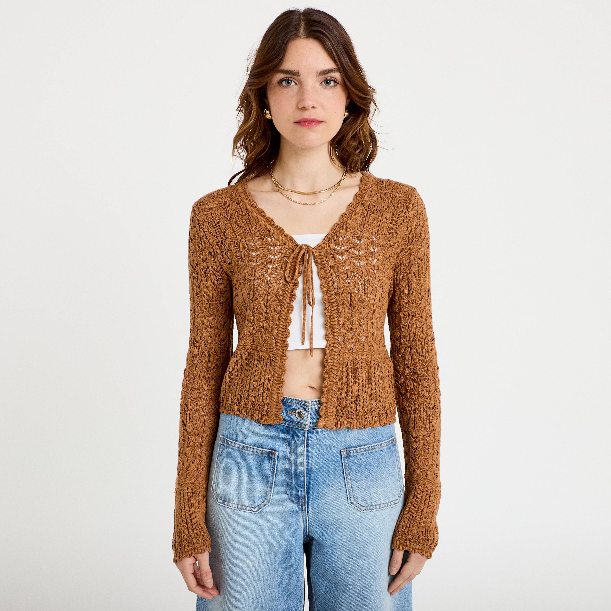 Gilet ajour&eacute; cintr&eacute; manches longues beige femme