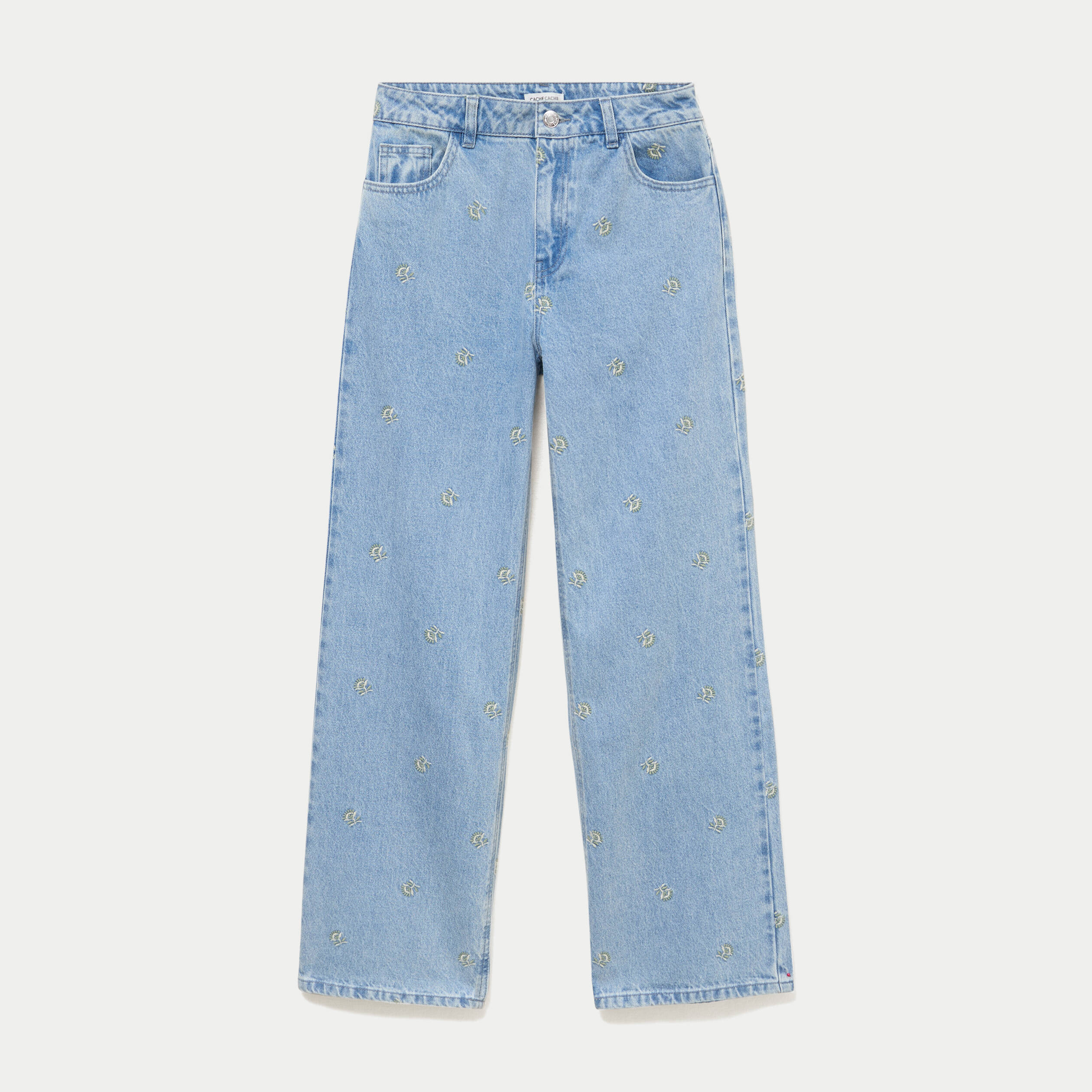 Jean wide leg taille haute brod&eacute; bleu femme