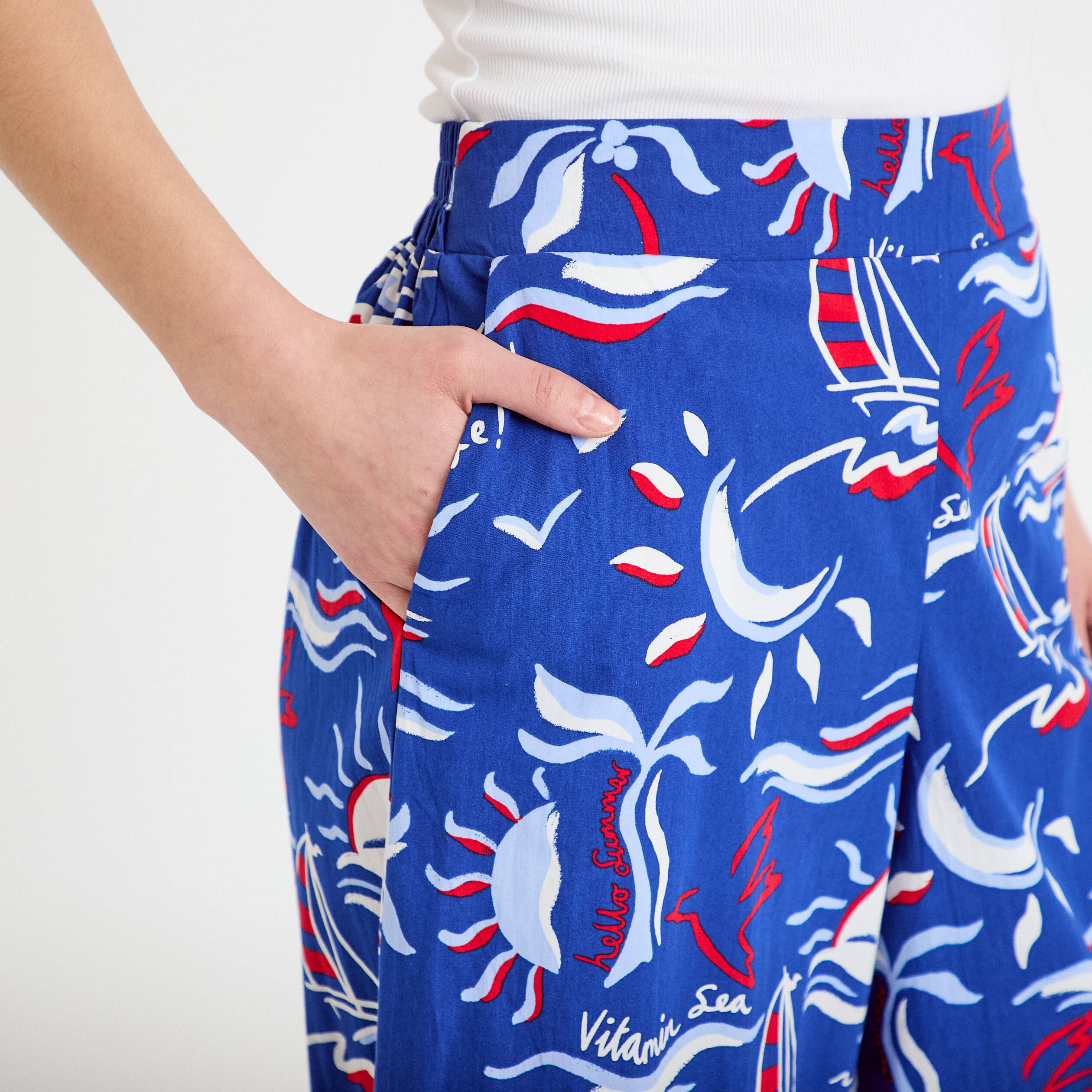 Pantalon large 3/4 taille standard bleu marine femme