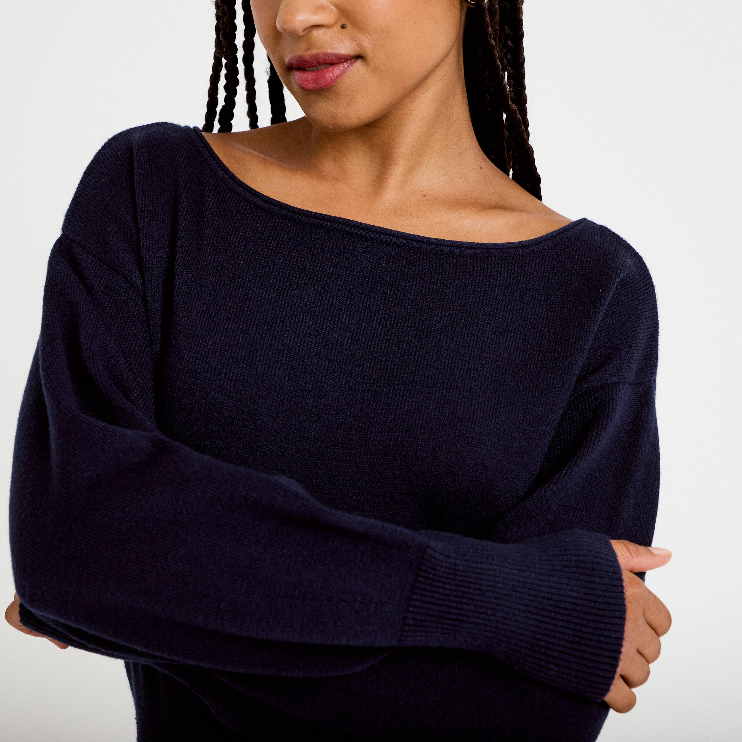 Pull oversize col bateau manches longues bleu marine femme