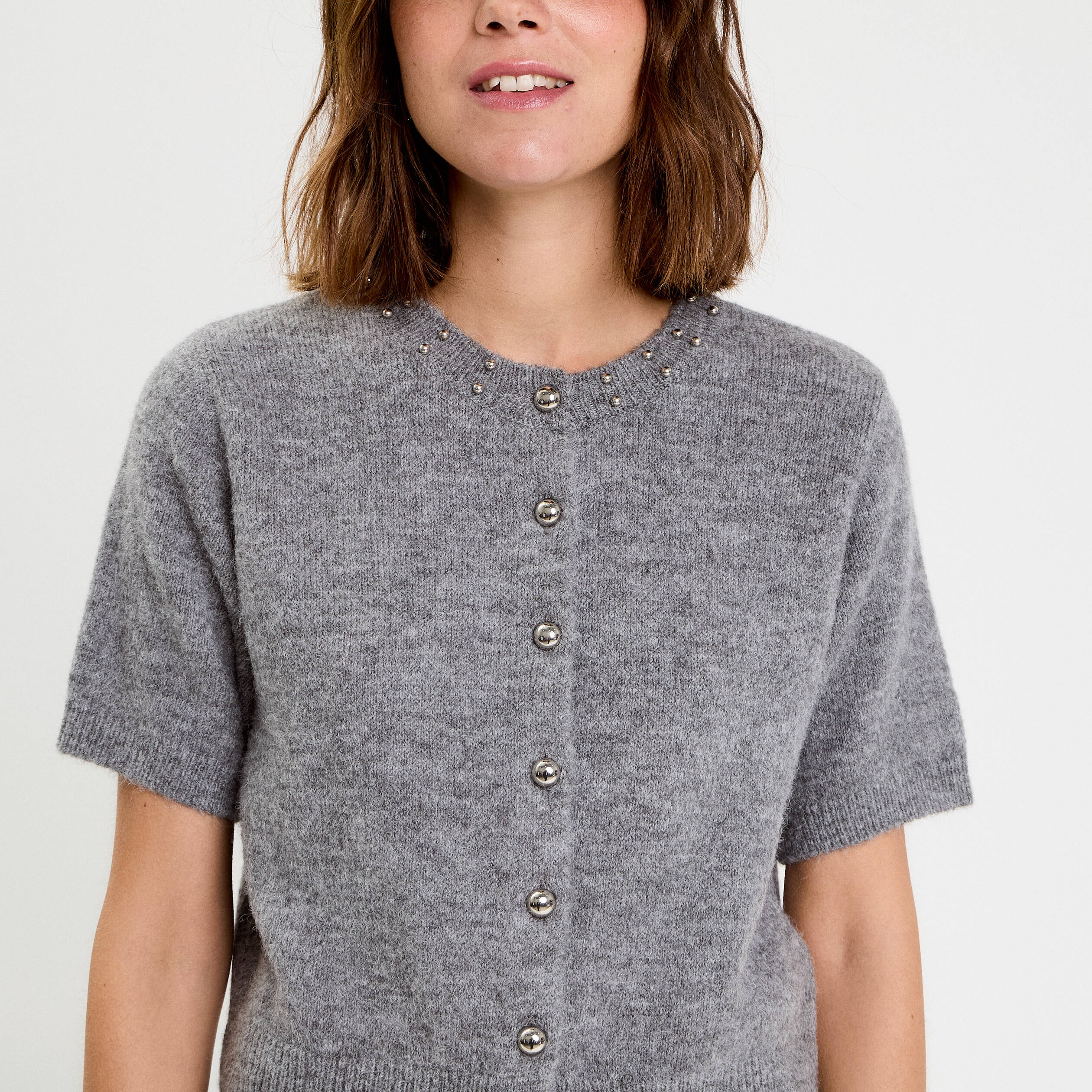 Gilet &agrave; d&eacute;tails de perles gris femme