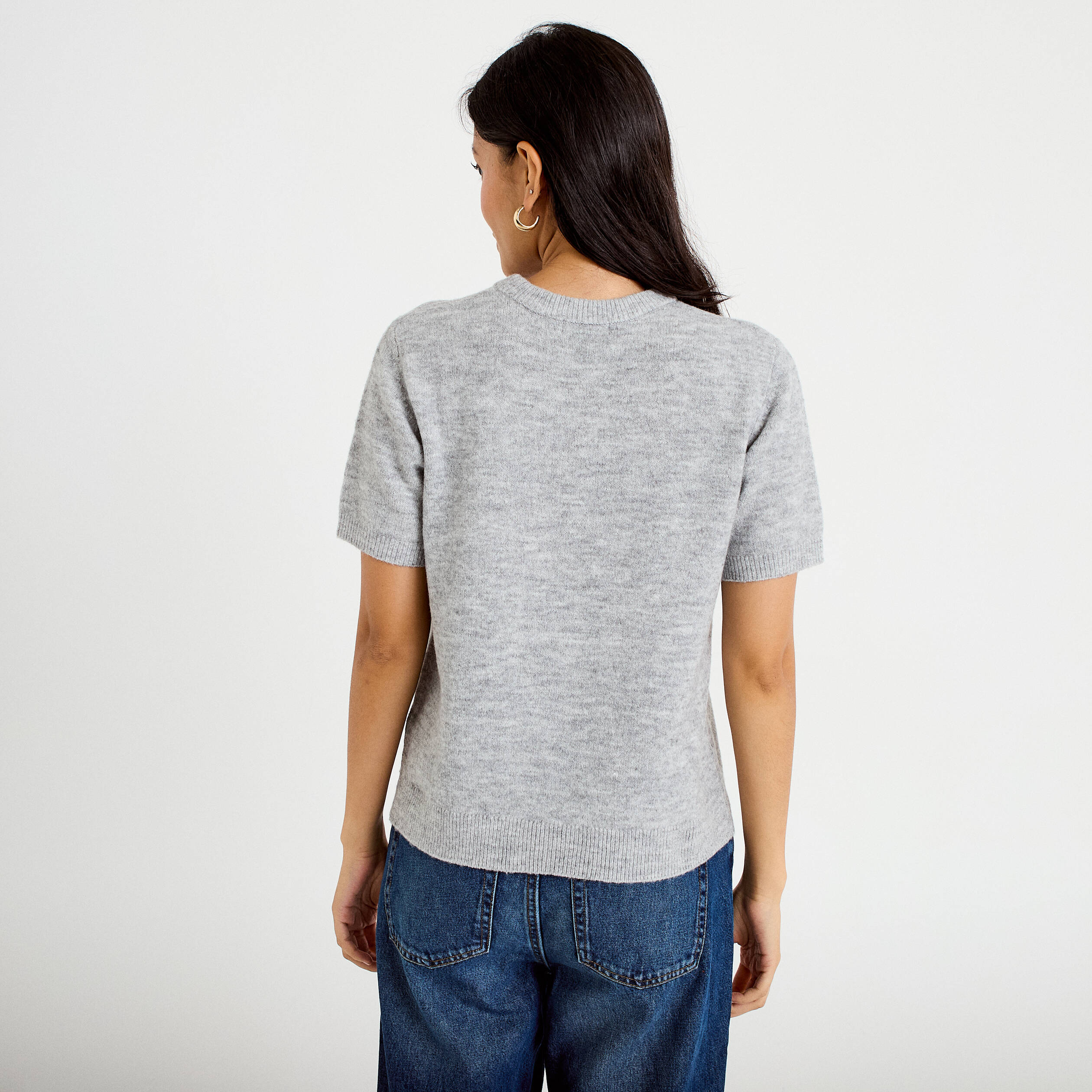 Pull ample manches courtes gris clair femme