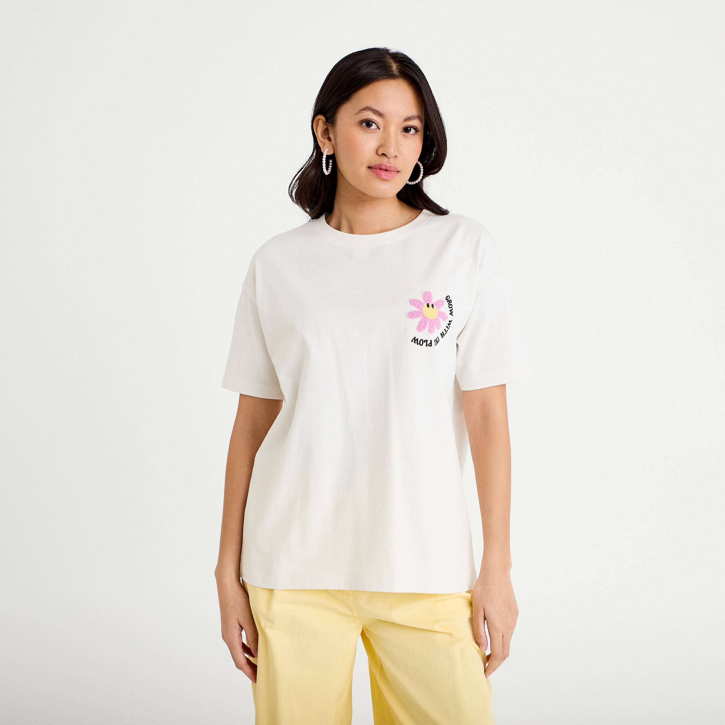 T-shirt col rond manches courtes ecru femme