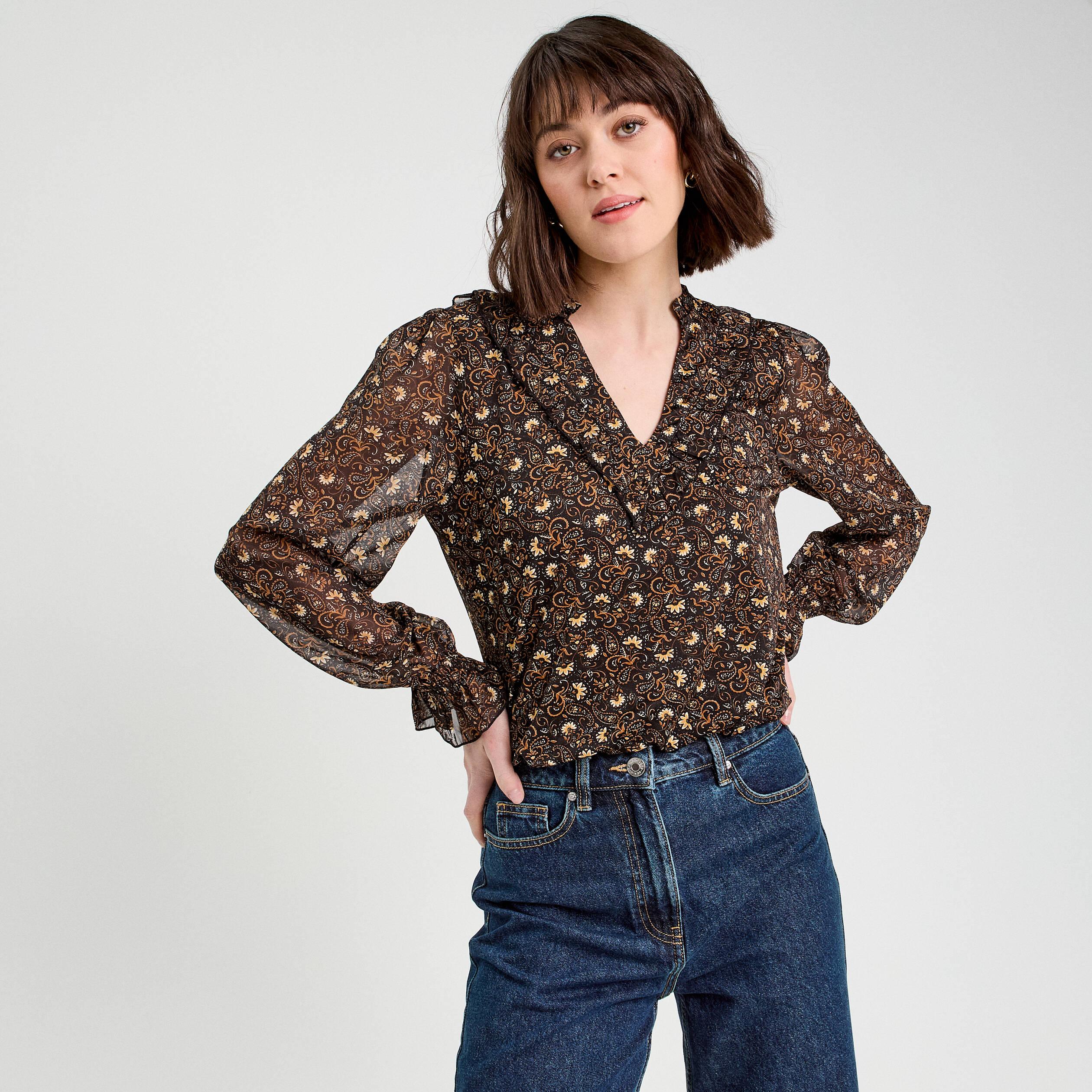 Chemise Manches Longues Marron Femme - Toscane Taille 52 - Soie Et Viscose - Occasion Très Bon état