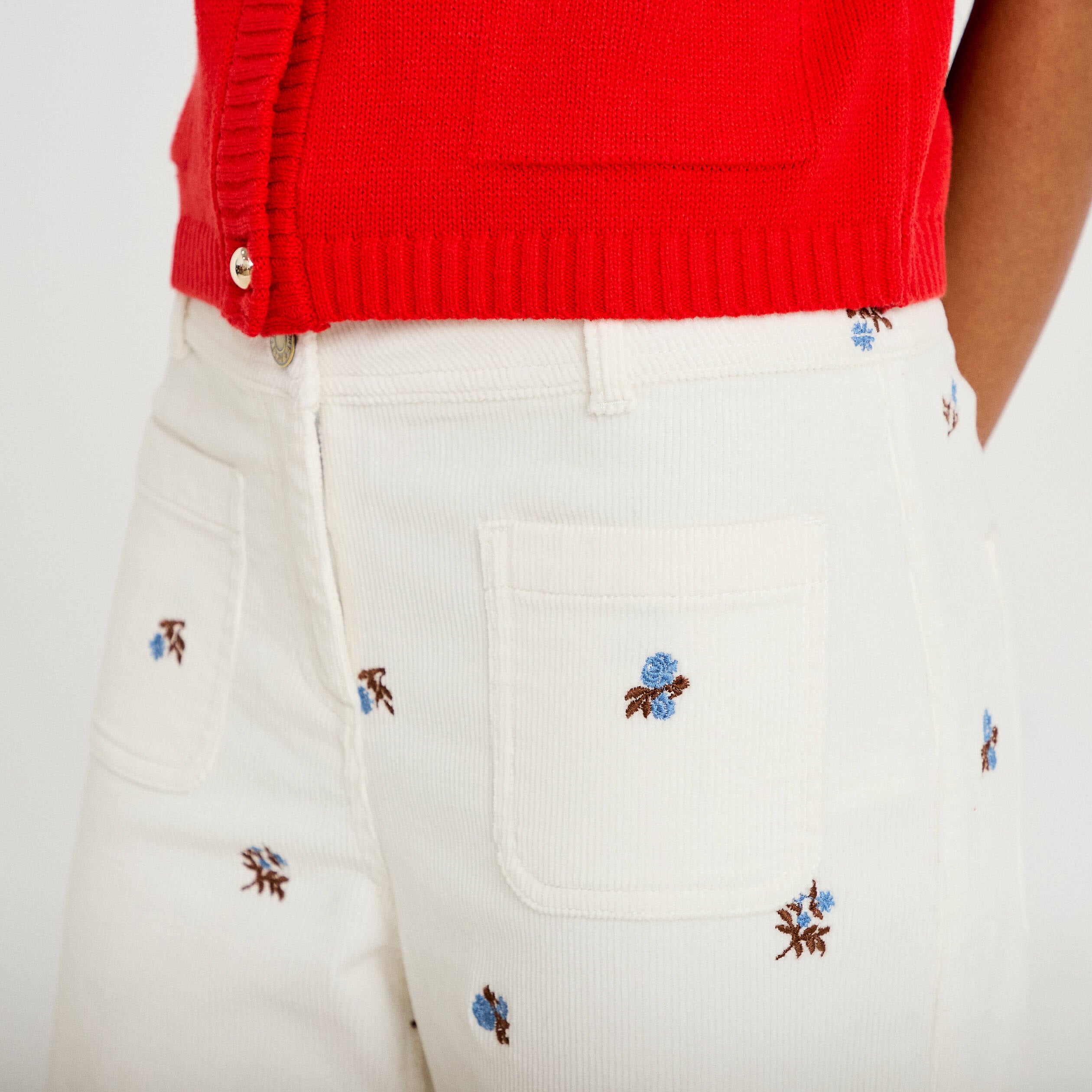Pantalon bootcut taille haute velours blanc femme