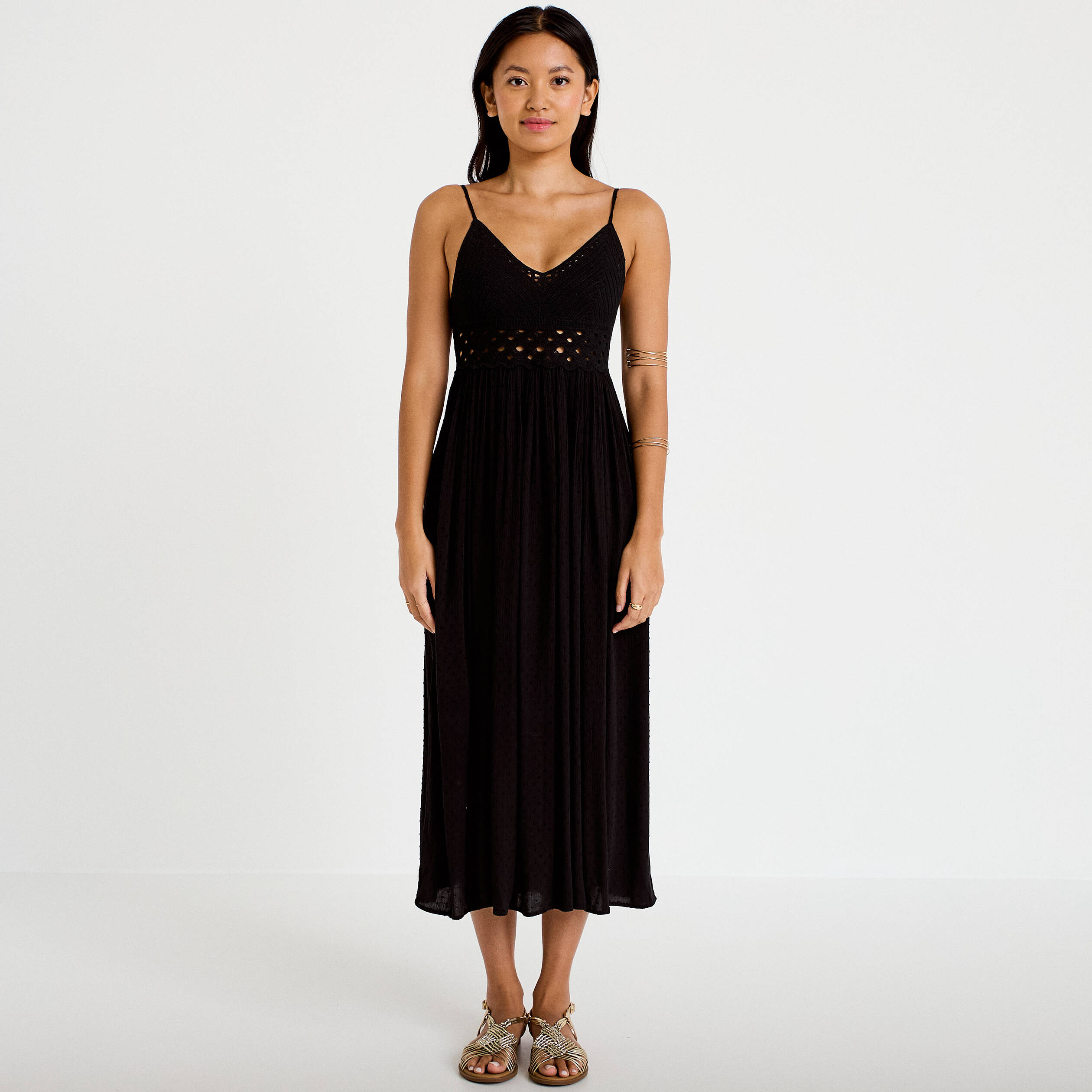 Robe longue bi-mati&egrave;re col v noir femme