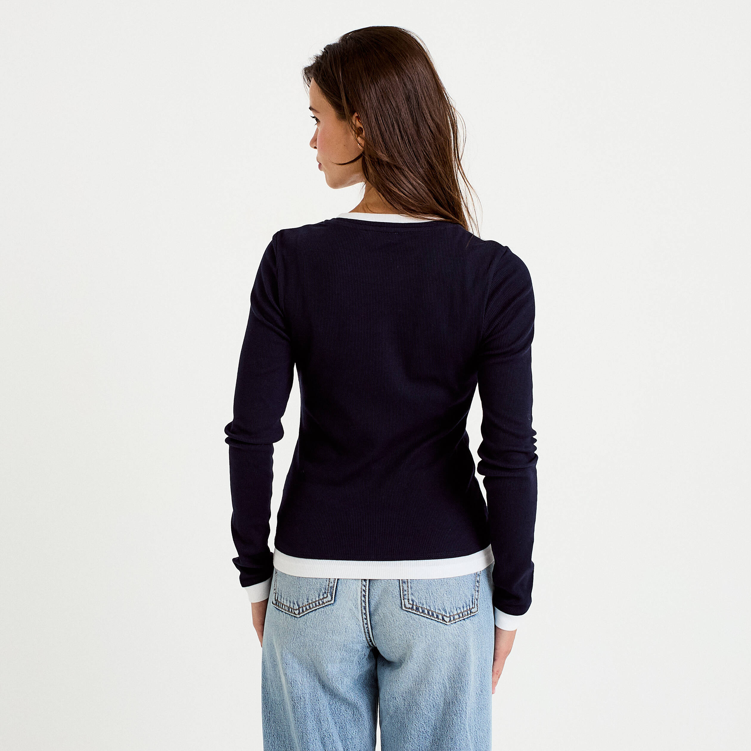 T-shirt 2-en-1 col rond manches longues bleu marine femme