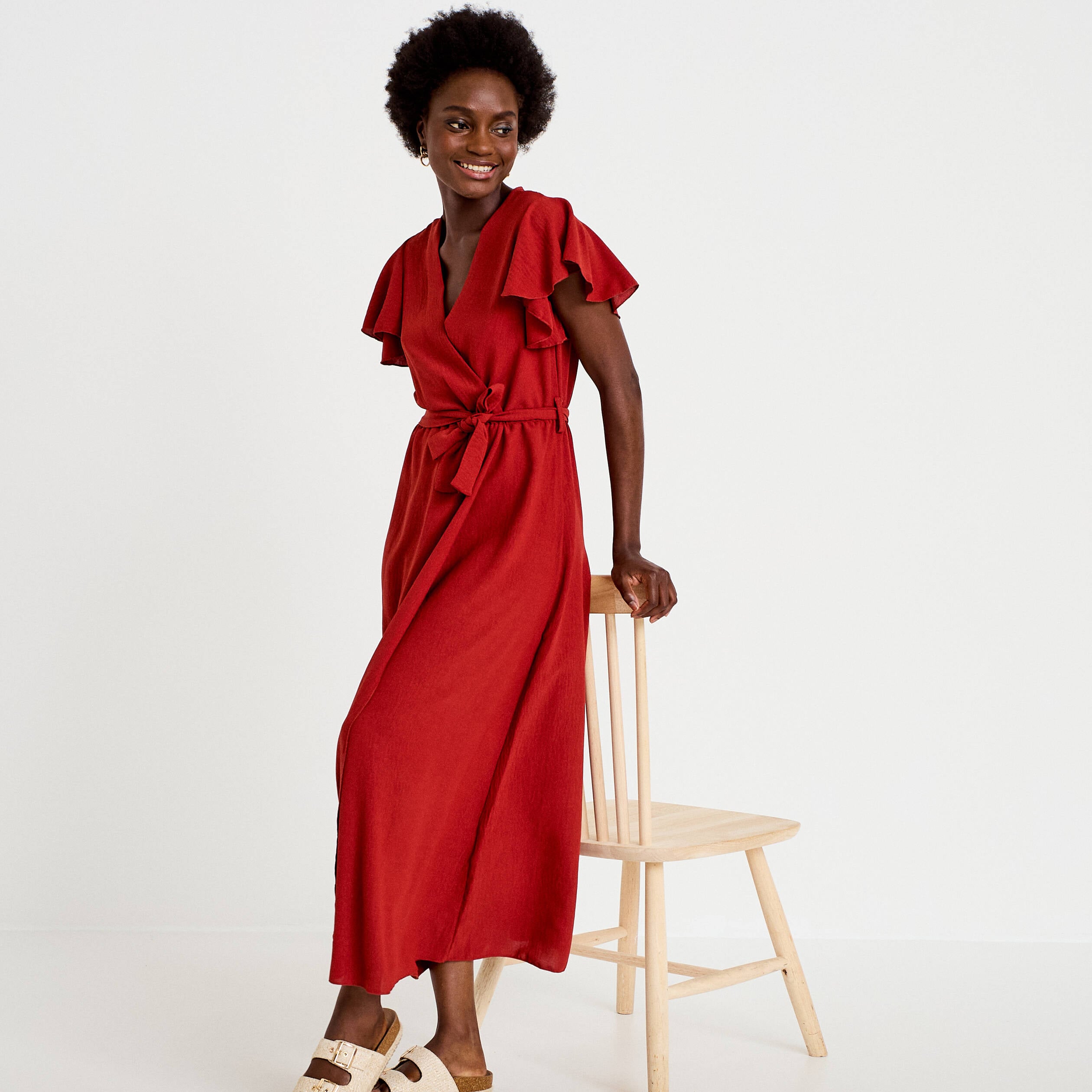 Robe longue &eacute;vas&eacute;e manches courtes orange fonc&eacute; femme