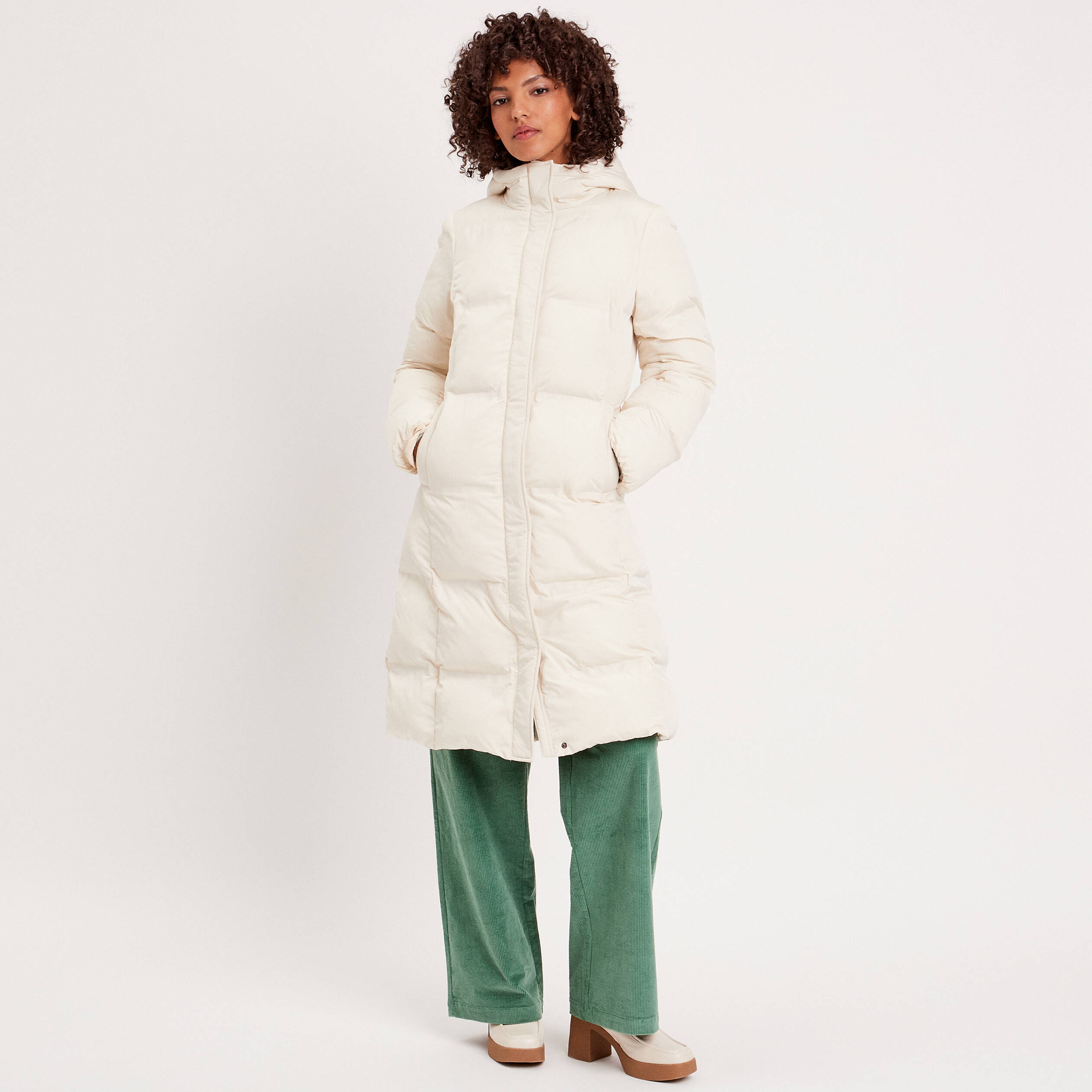 Doudoune longue à capuche ecru femme