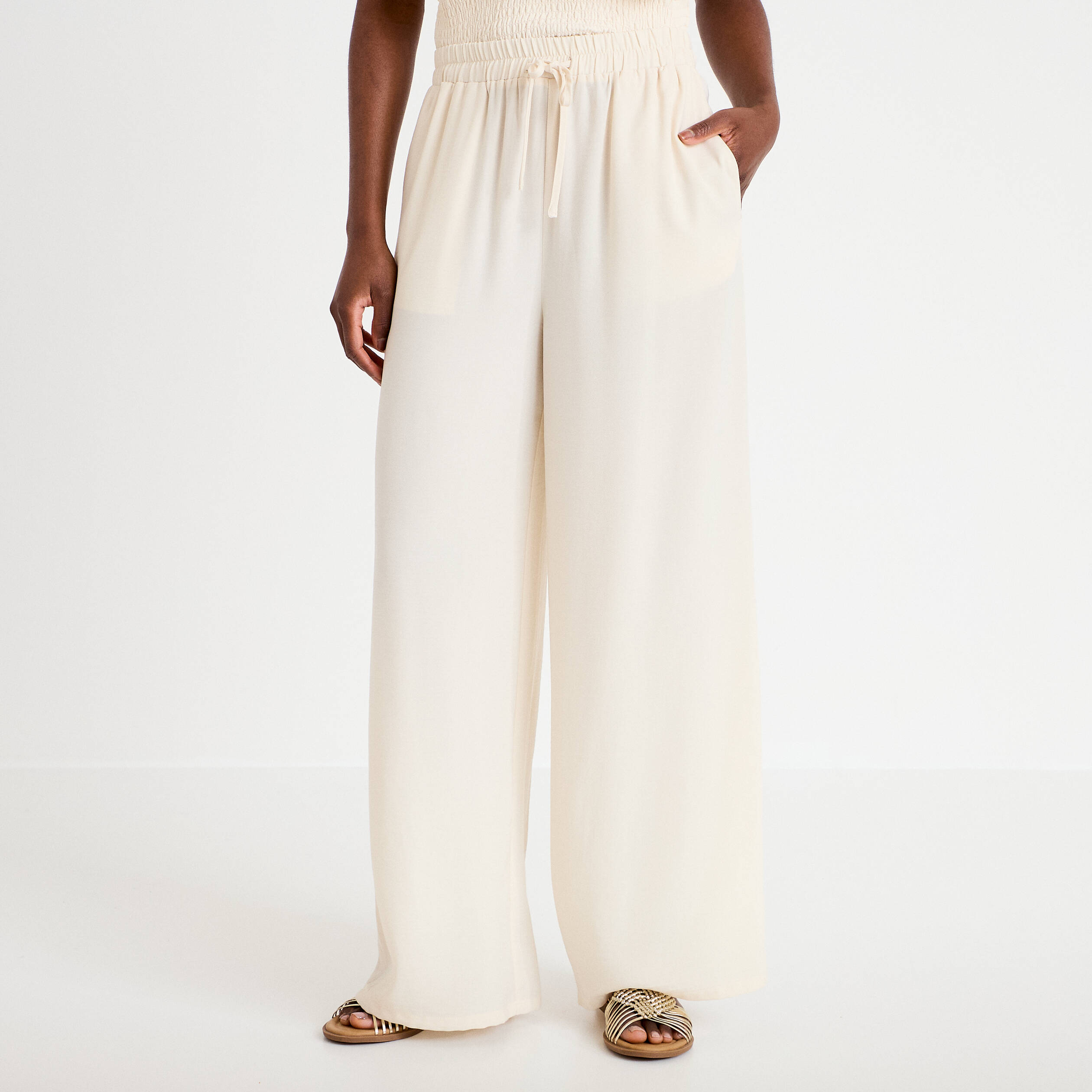 Pantalon large fluide ecru femme