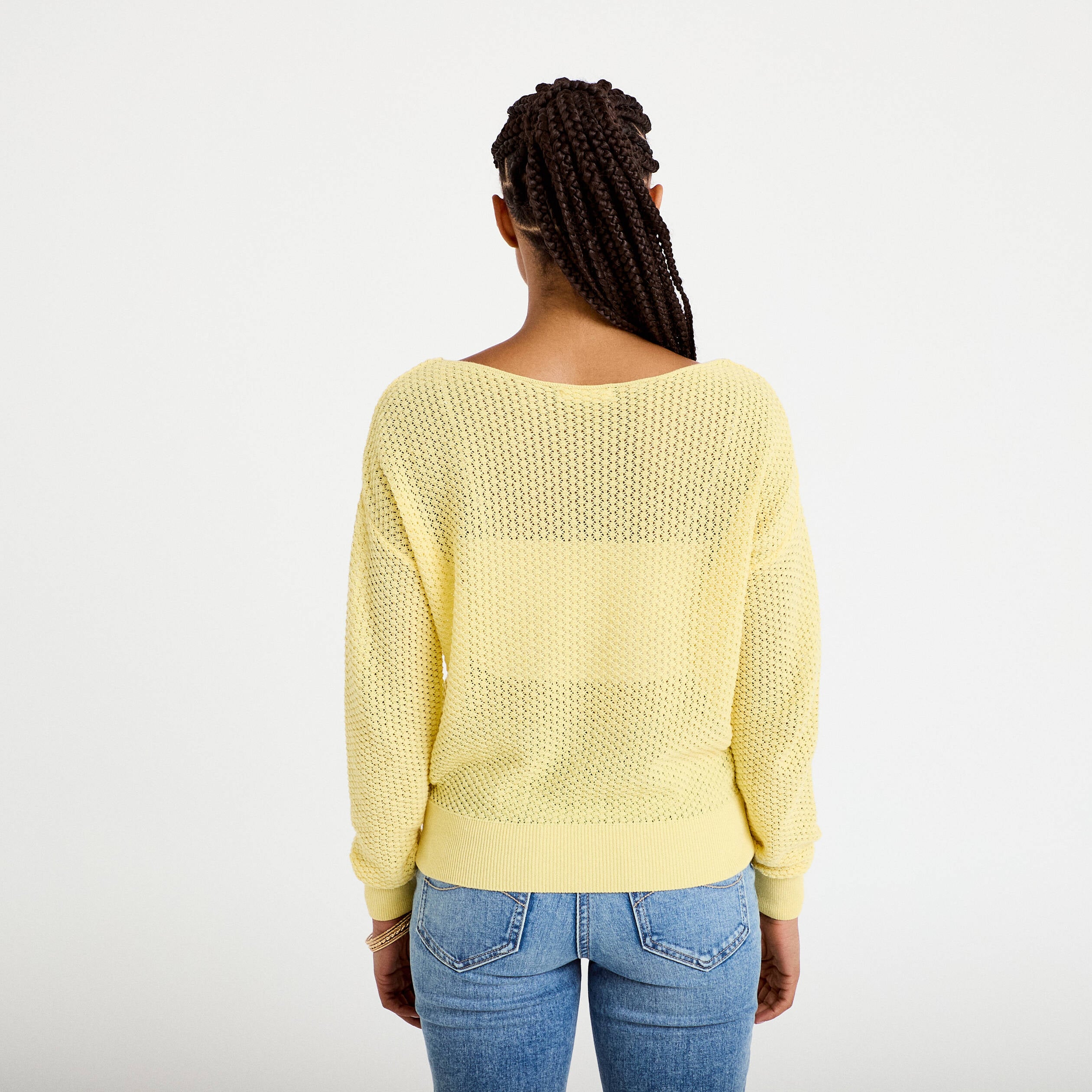 Pull ample ajour&eacute; manches longues jaune pastel femme