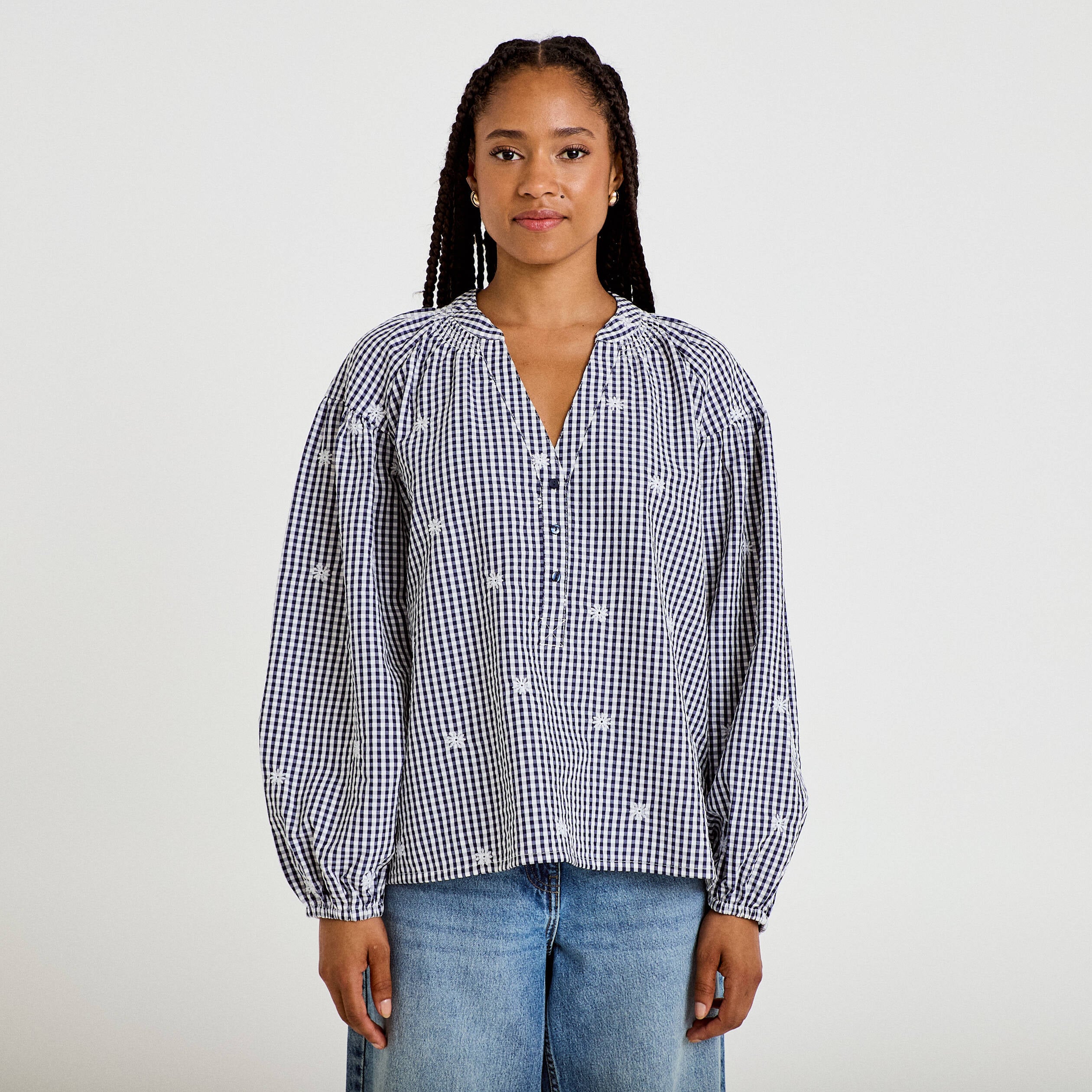 Blouse vichy brod&eacute;e bleu femme