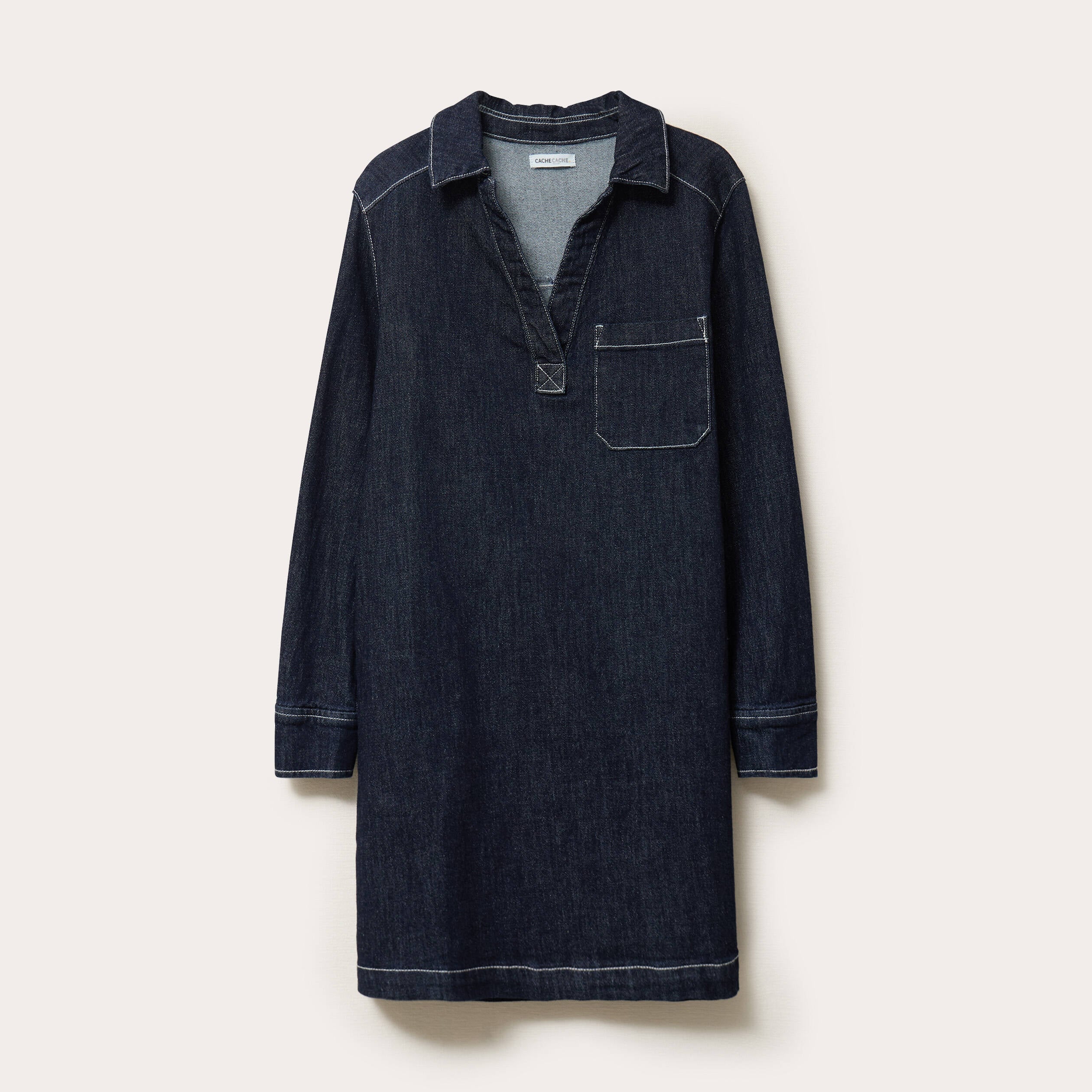 Robe droite courte col v en jean denim brut femme