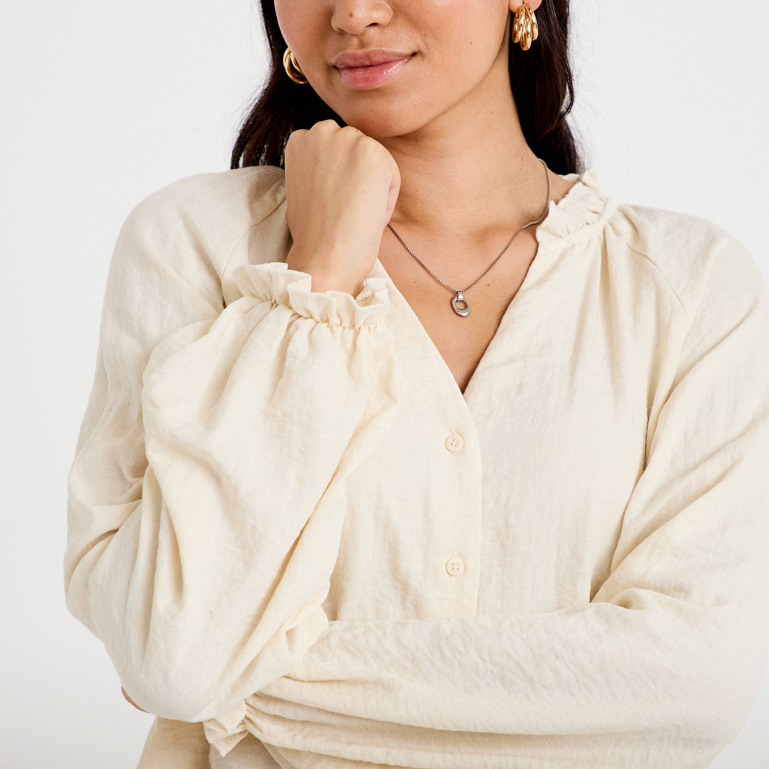 Blouse ample pliss&eacute;e manches longues ecru femme