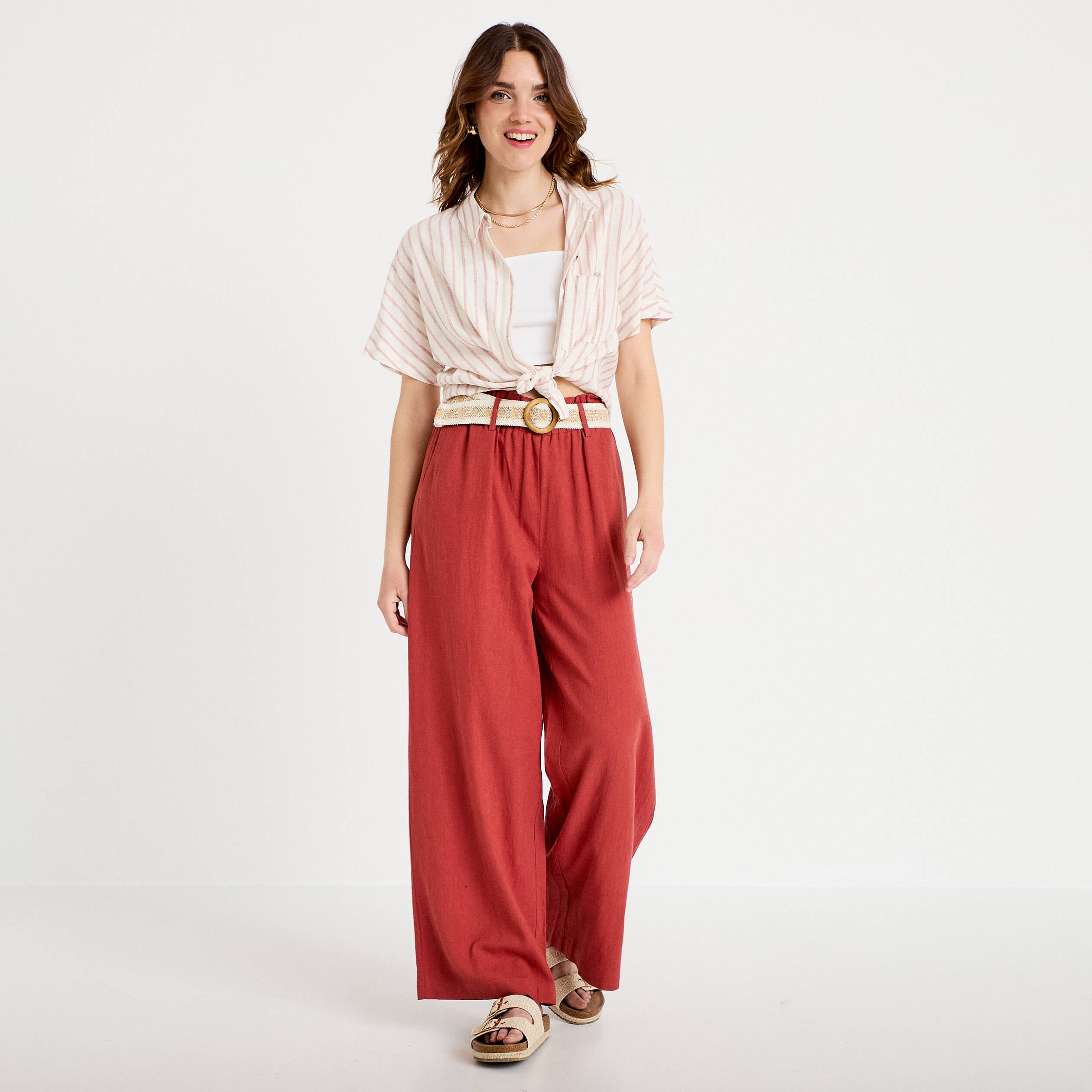 Pantalon large avec ceinture amovible vieux rose femme