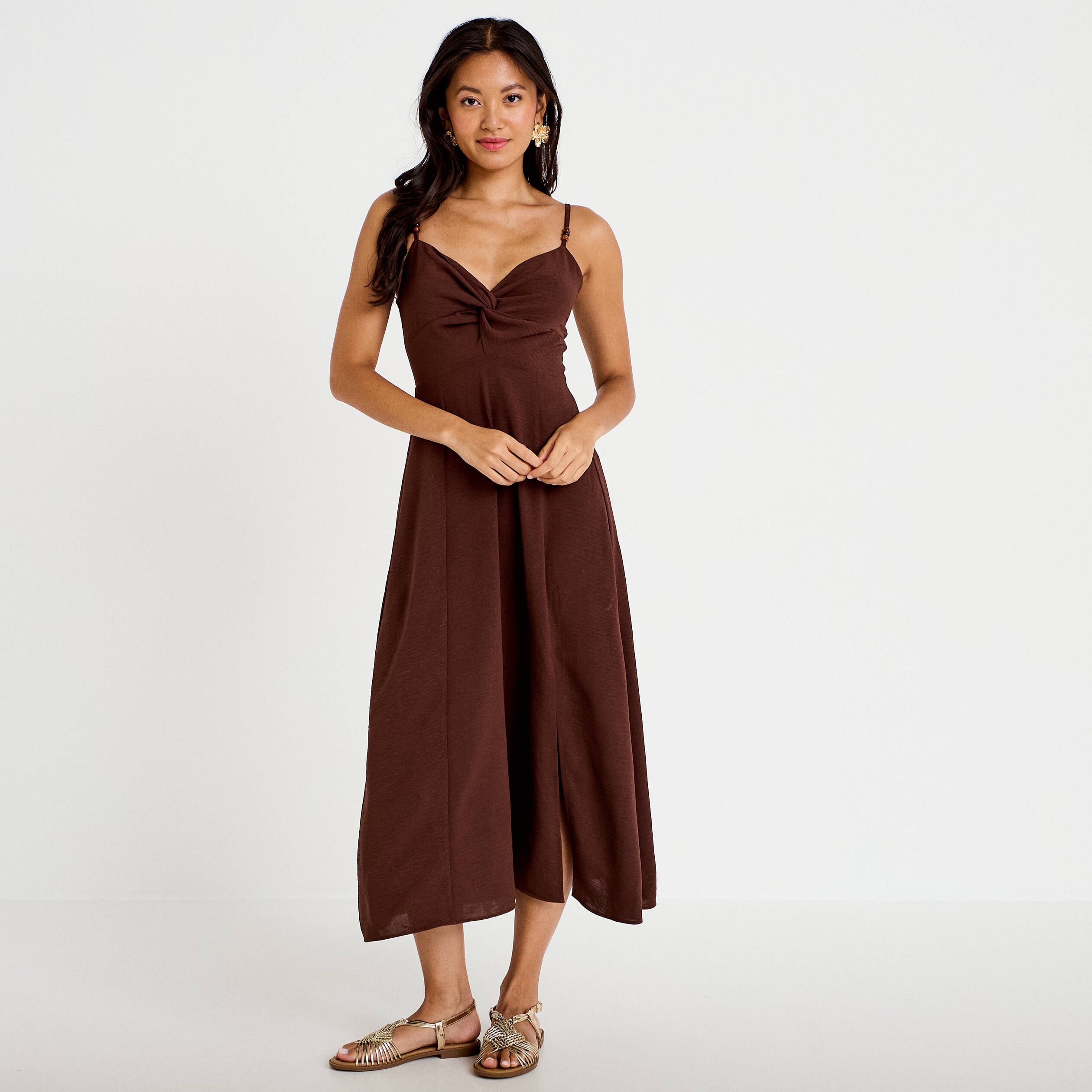 Robe longue &eacute;vas&eacute;e fendue marron femme