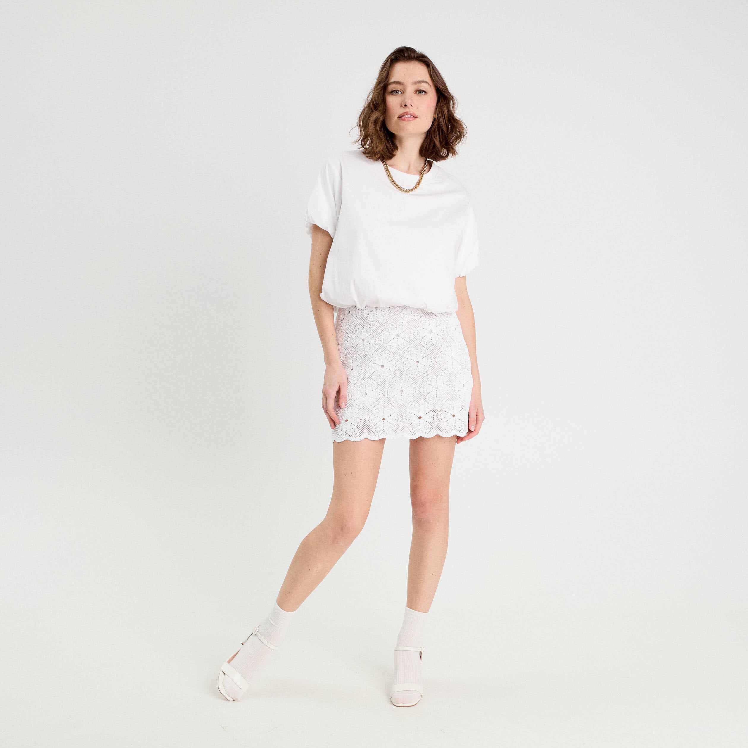 Jupe &eacute;vas&eacute;e effet macram&eacute; blanc femme