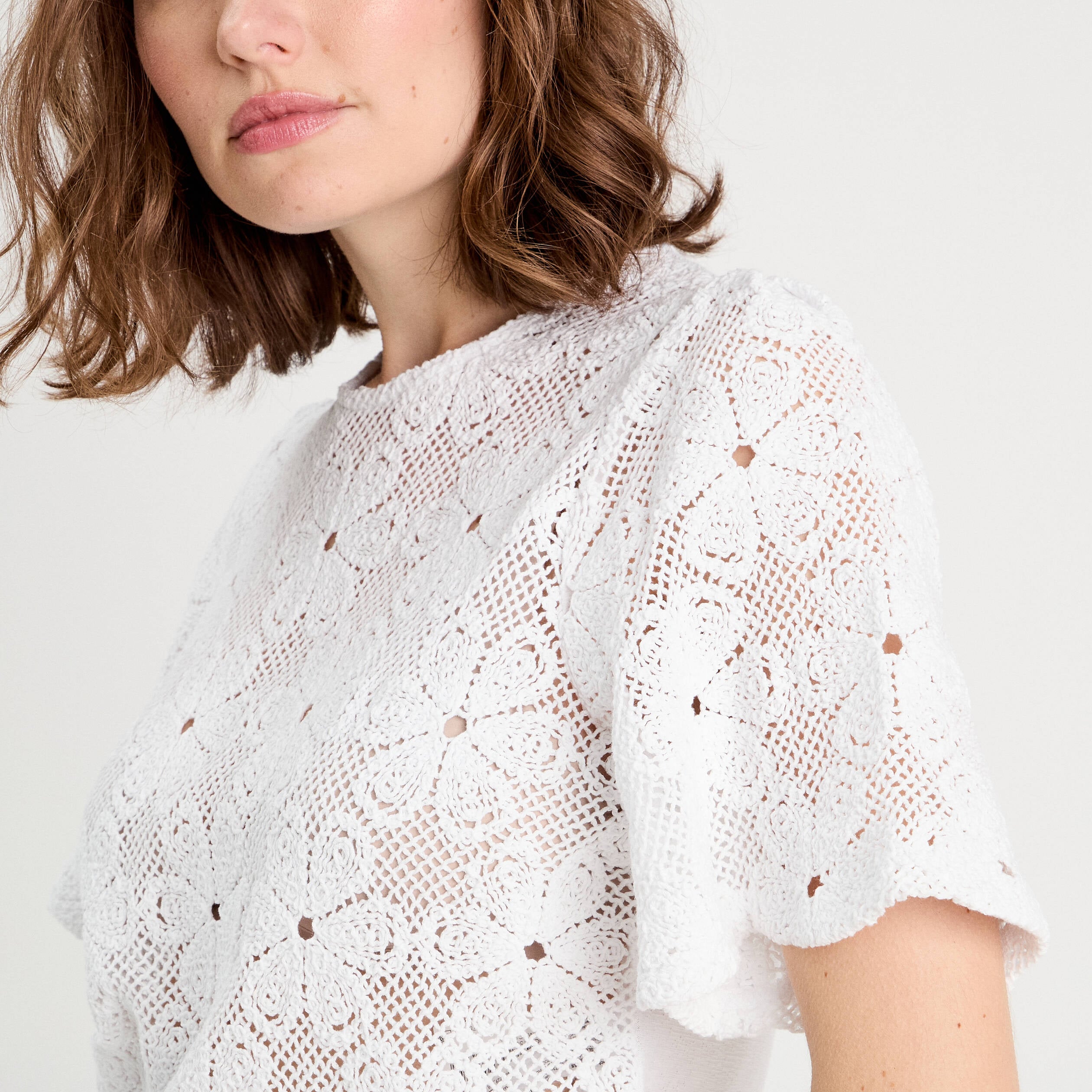 T-shirt dentelle macram&eacute; blanc femme