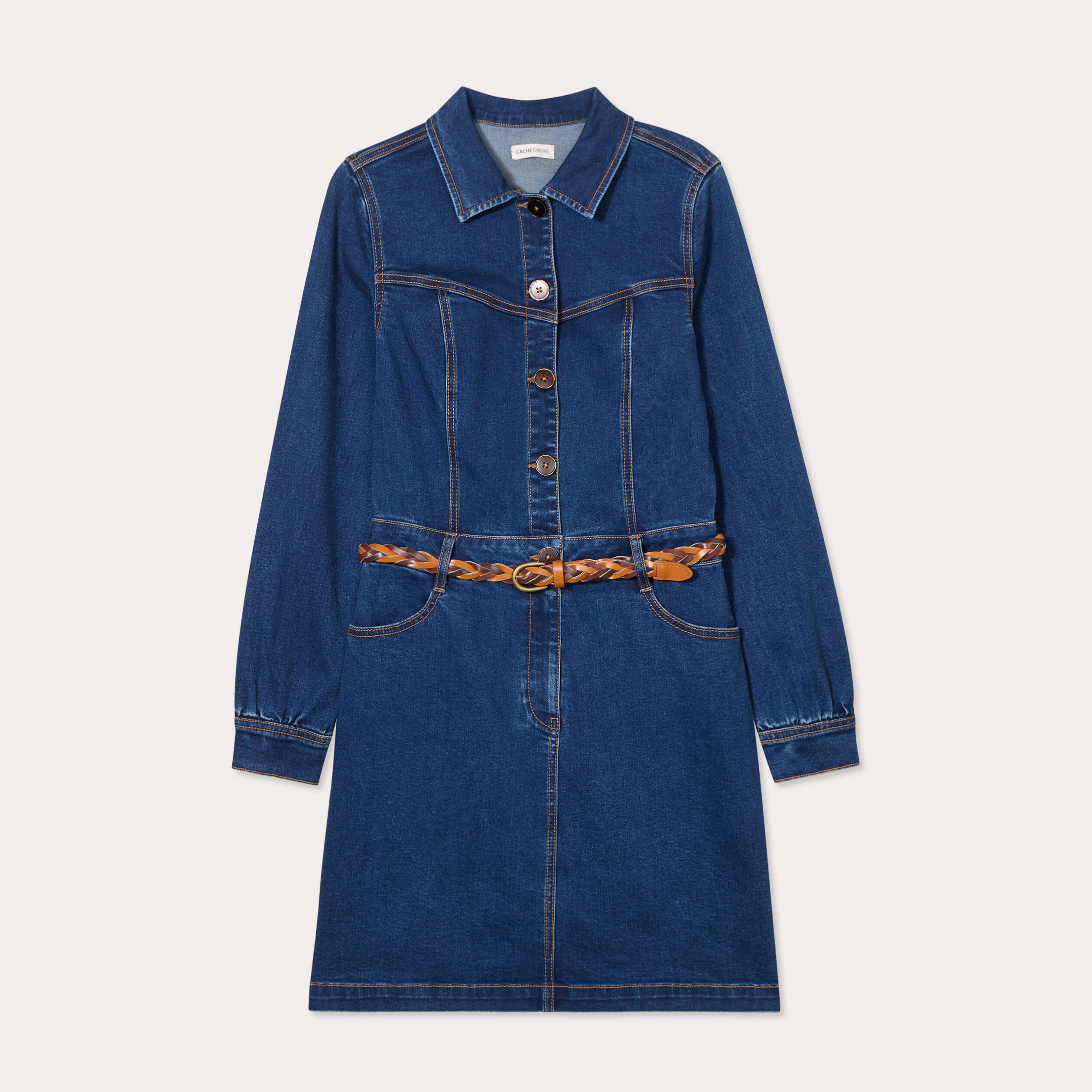 Robe droite en jean ceintur&eacute;e denim brut femme