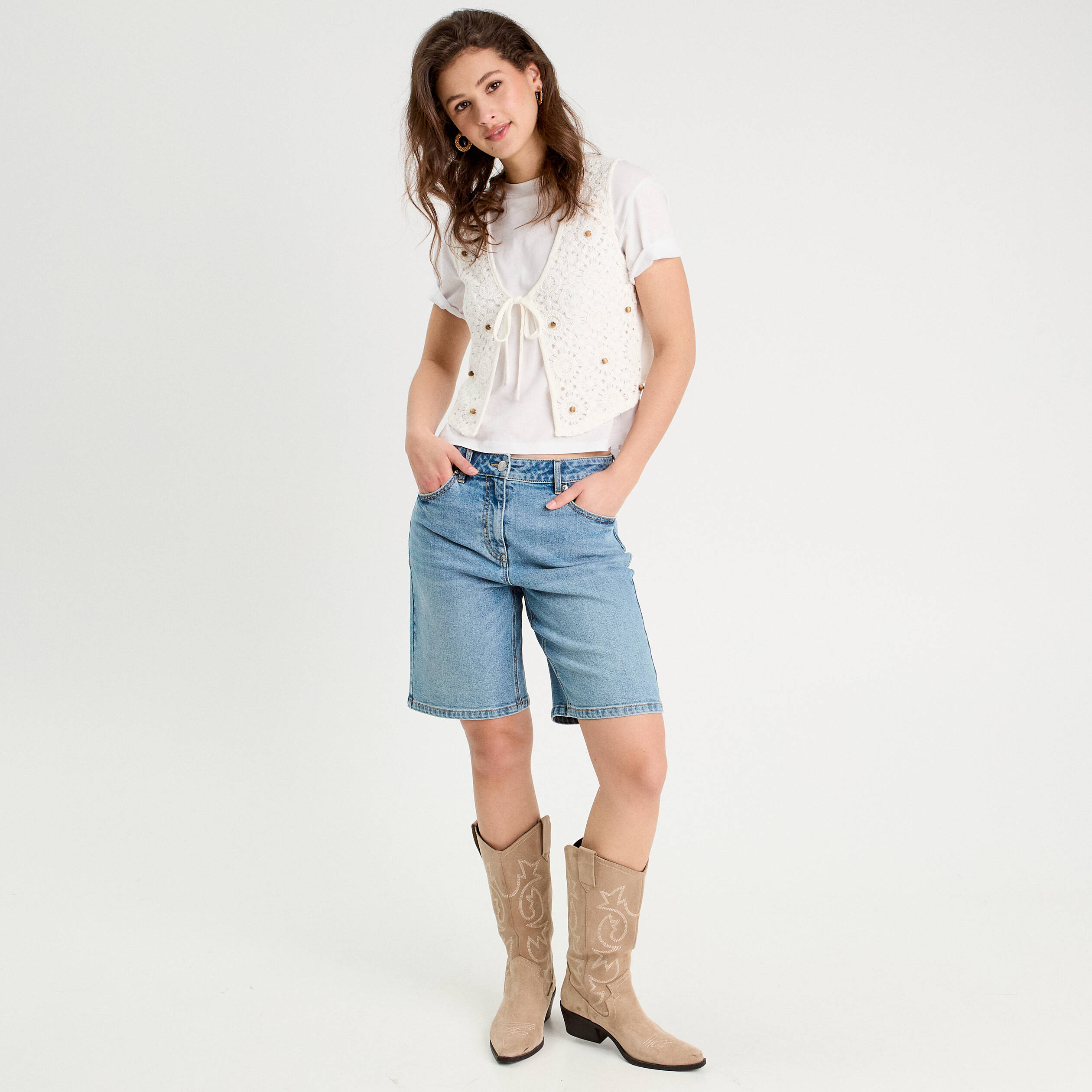 Gilet nou&eacute; effet crochet ecru femme