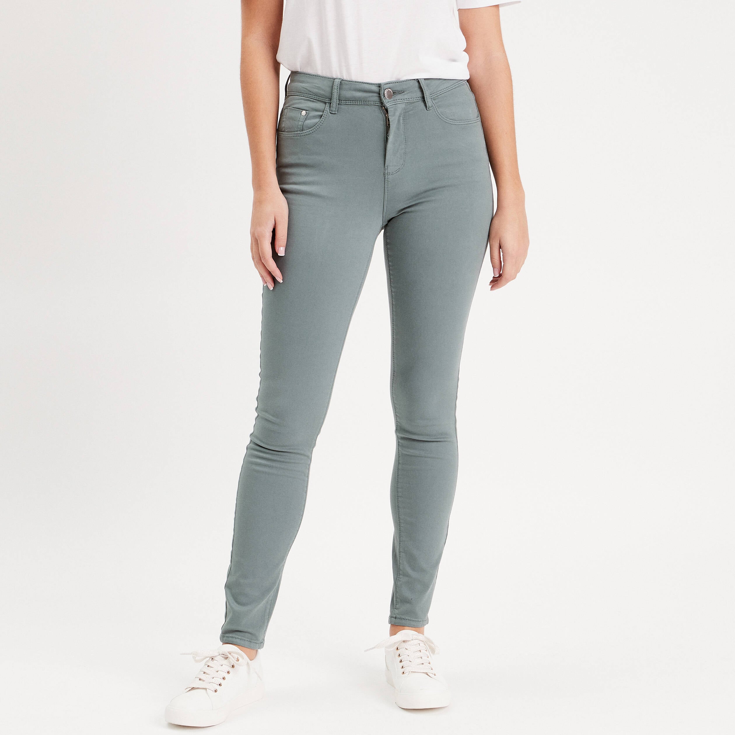 Jeans slim 5 poches vert fonc&eacute; femme