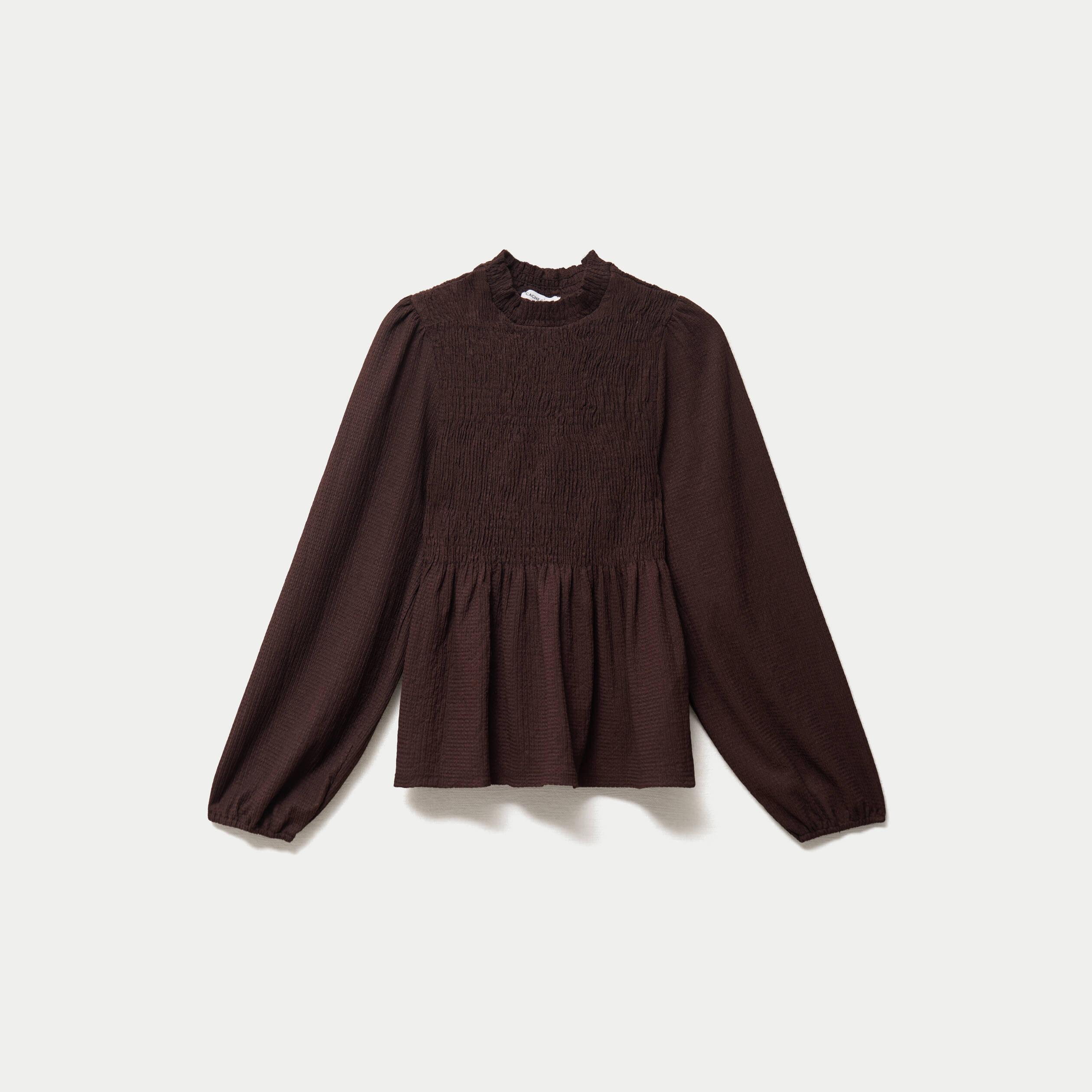 Blouse droite manches longues pliss&eacute;e marron fonc&eacute; femme