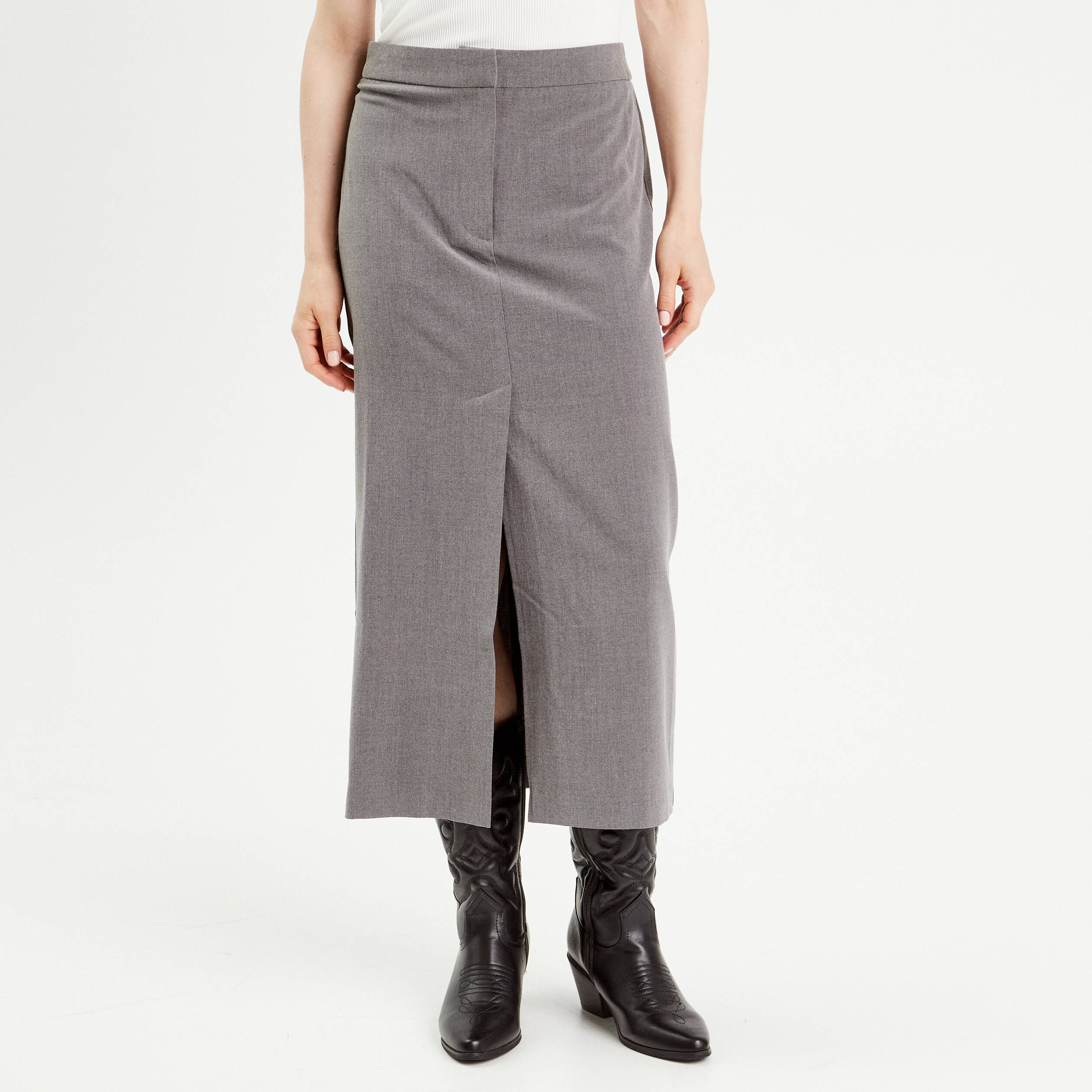 jupe midi droite fendue gris fonce femme Jupe midi droite fendue gris foncé femme