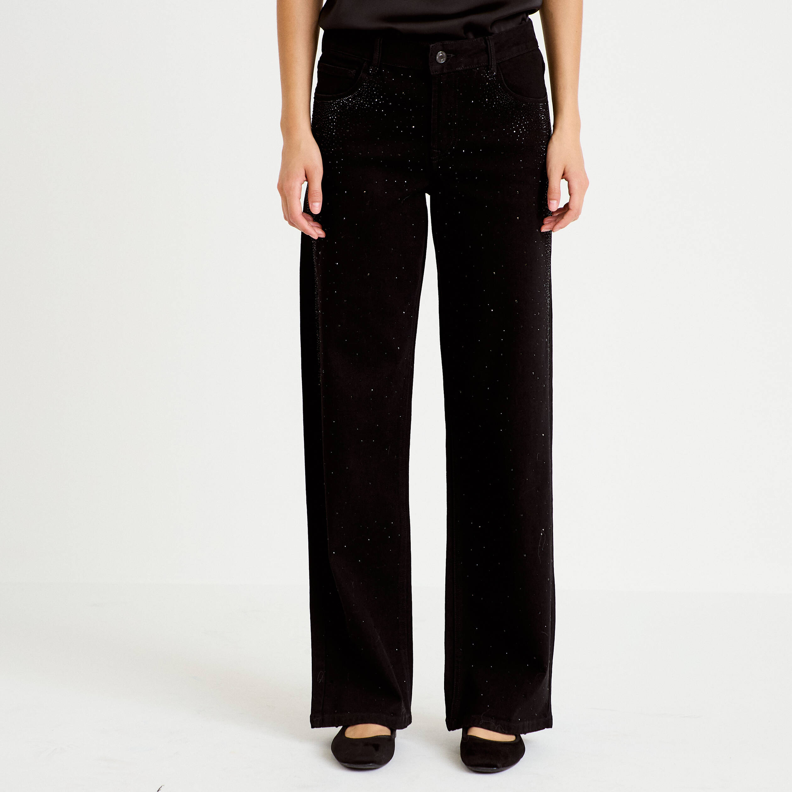 Jean wide leg taille basse strass noir femme