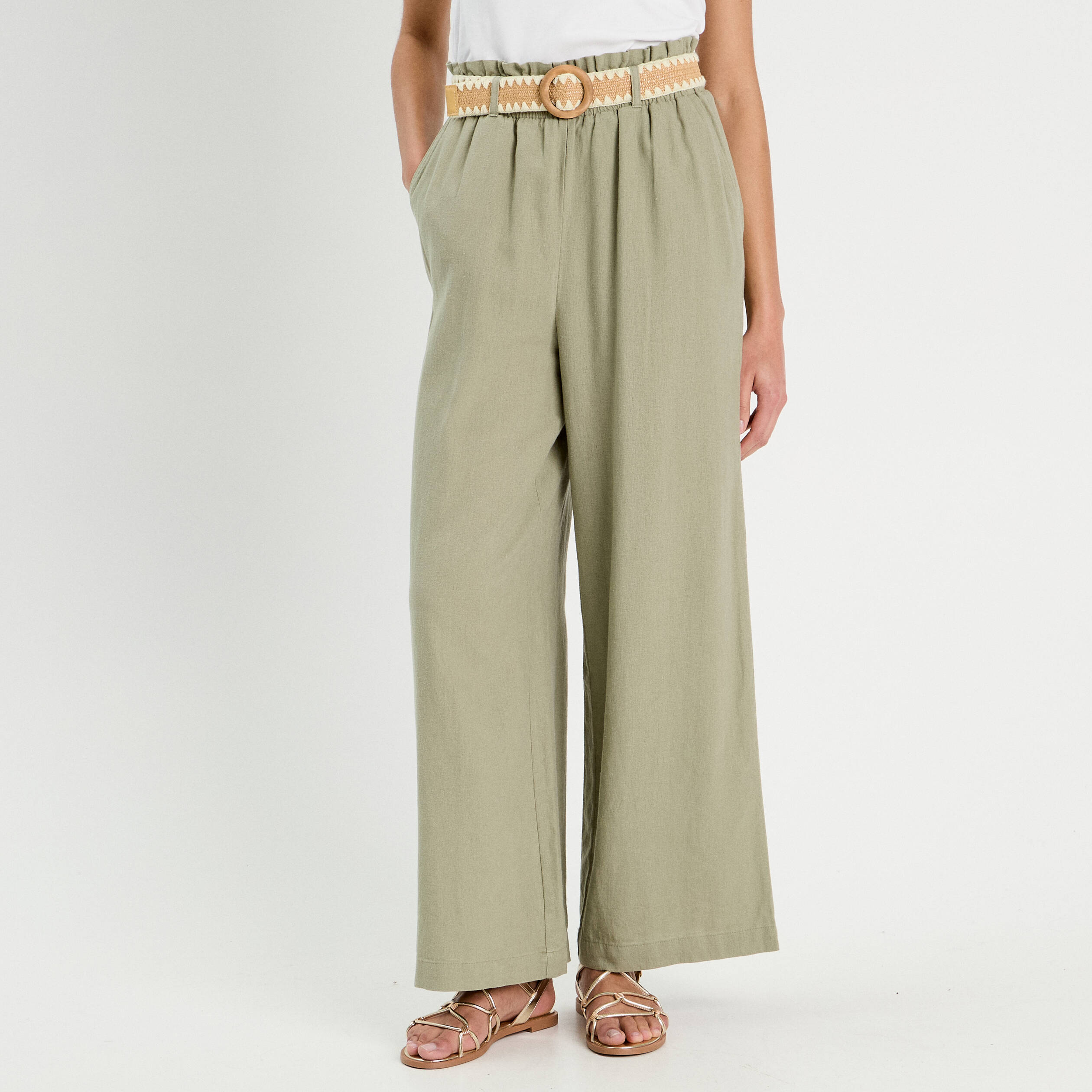 Pantalon large ceintur&eacute; contenant du lin vert kaki femme
