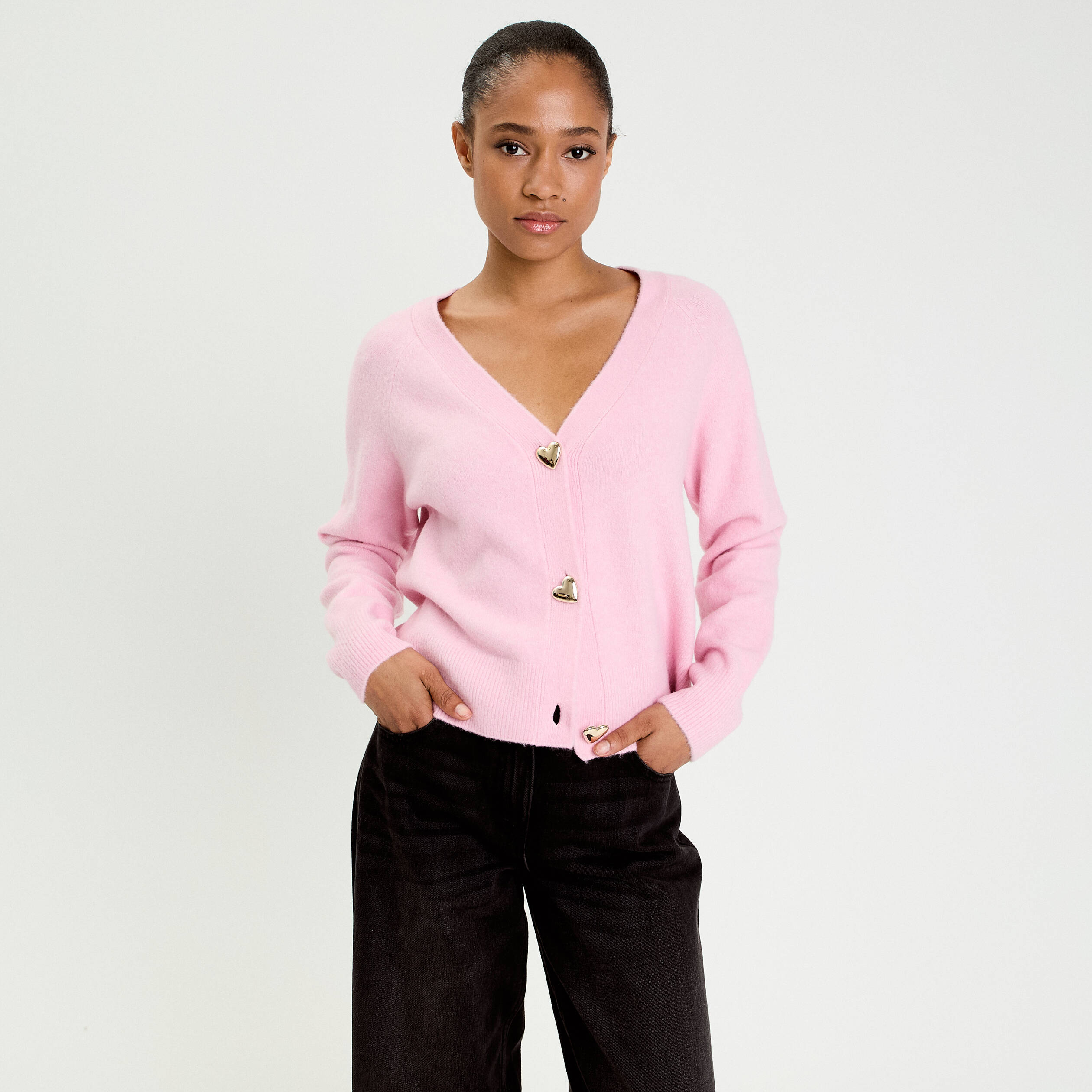 Gilet boutons coeur rose poudr&eacute;e femme
