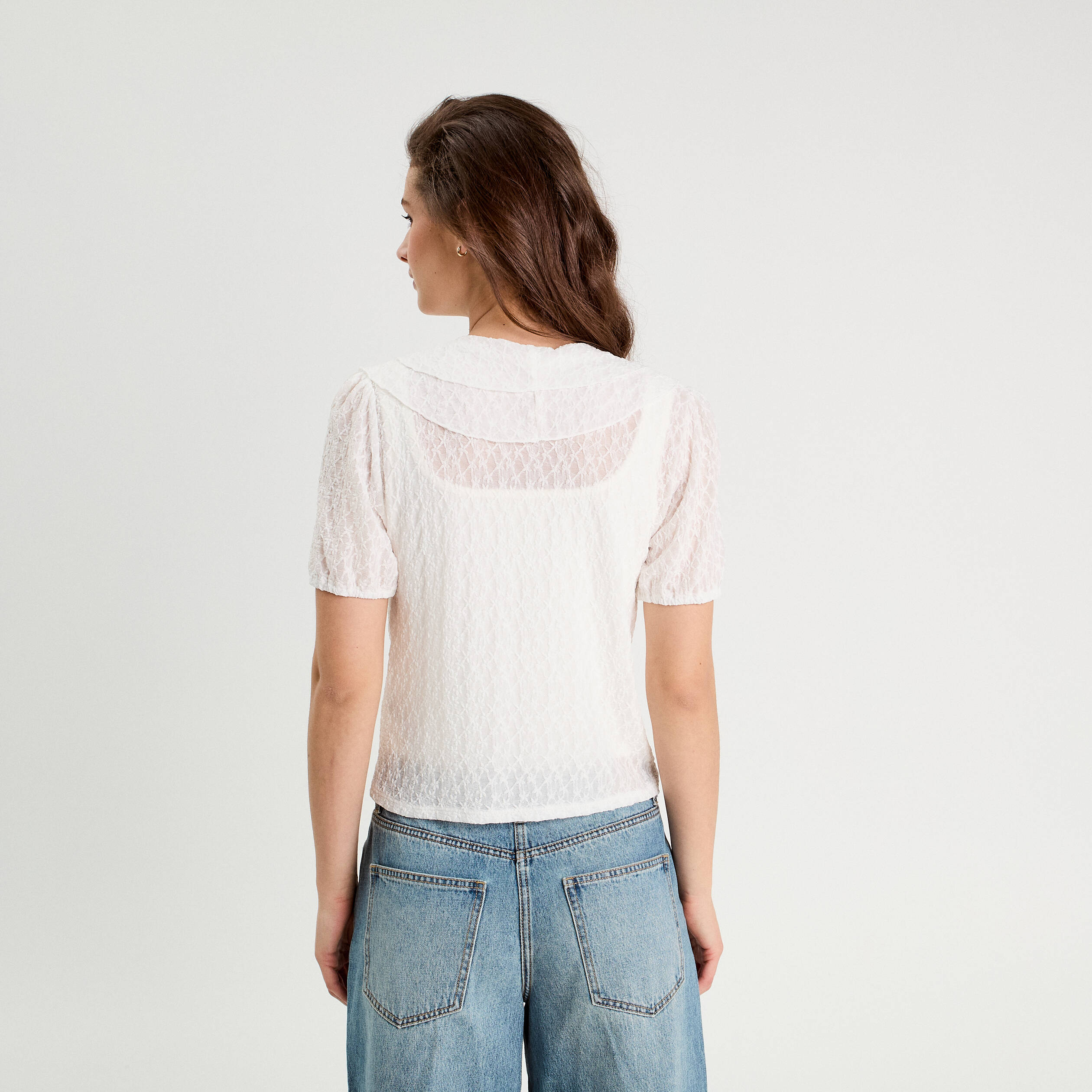 Blouse dentelle et volants blanc femme