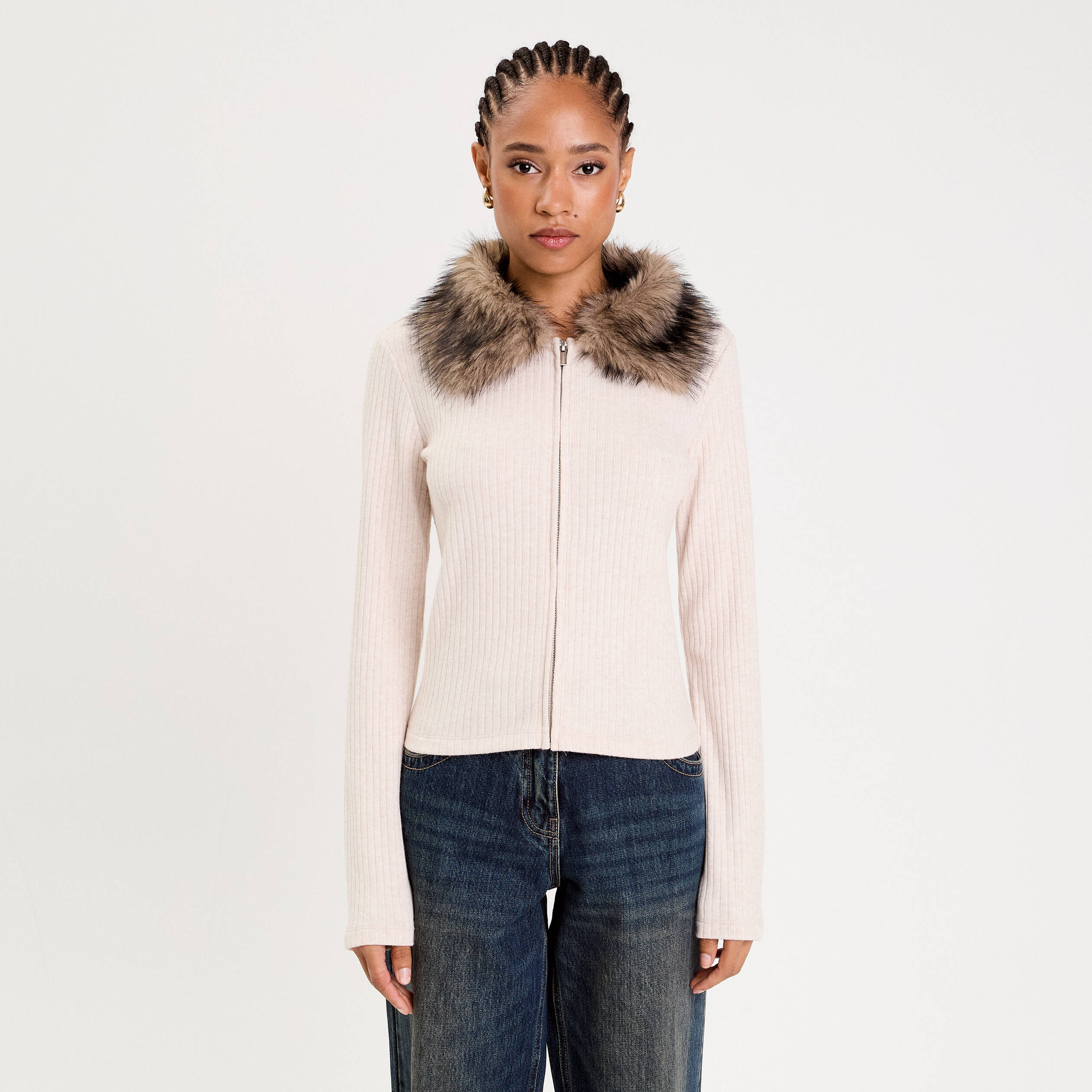 Gilet col fausse fourrure sable femme